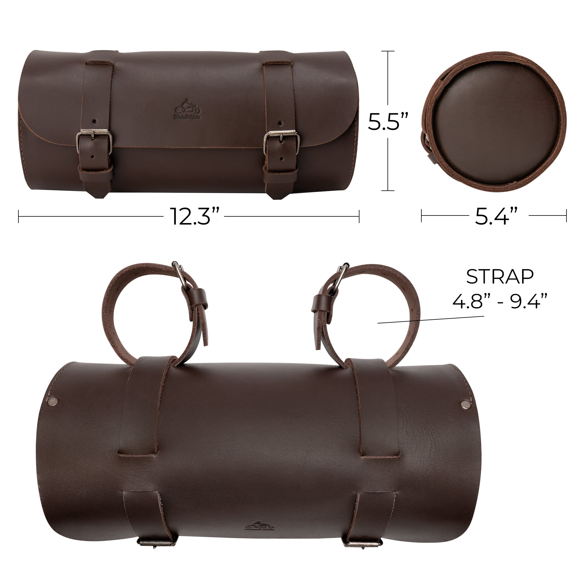 Cylinder Tool Roll for Motorcycle by Hide & Ride, beautifully displayed with a presentation card. This artisan-crafted, full grain leather roll works as a Circular Motorcycle Tool Bag, providing a stylish and functional universal saddlebag for bikers. Handmade with care in La Antigua Guatemala.