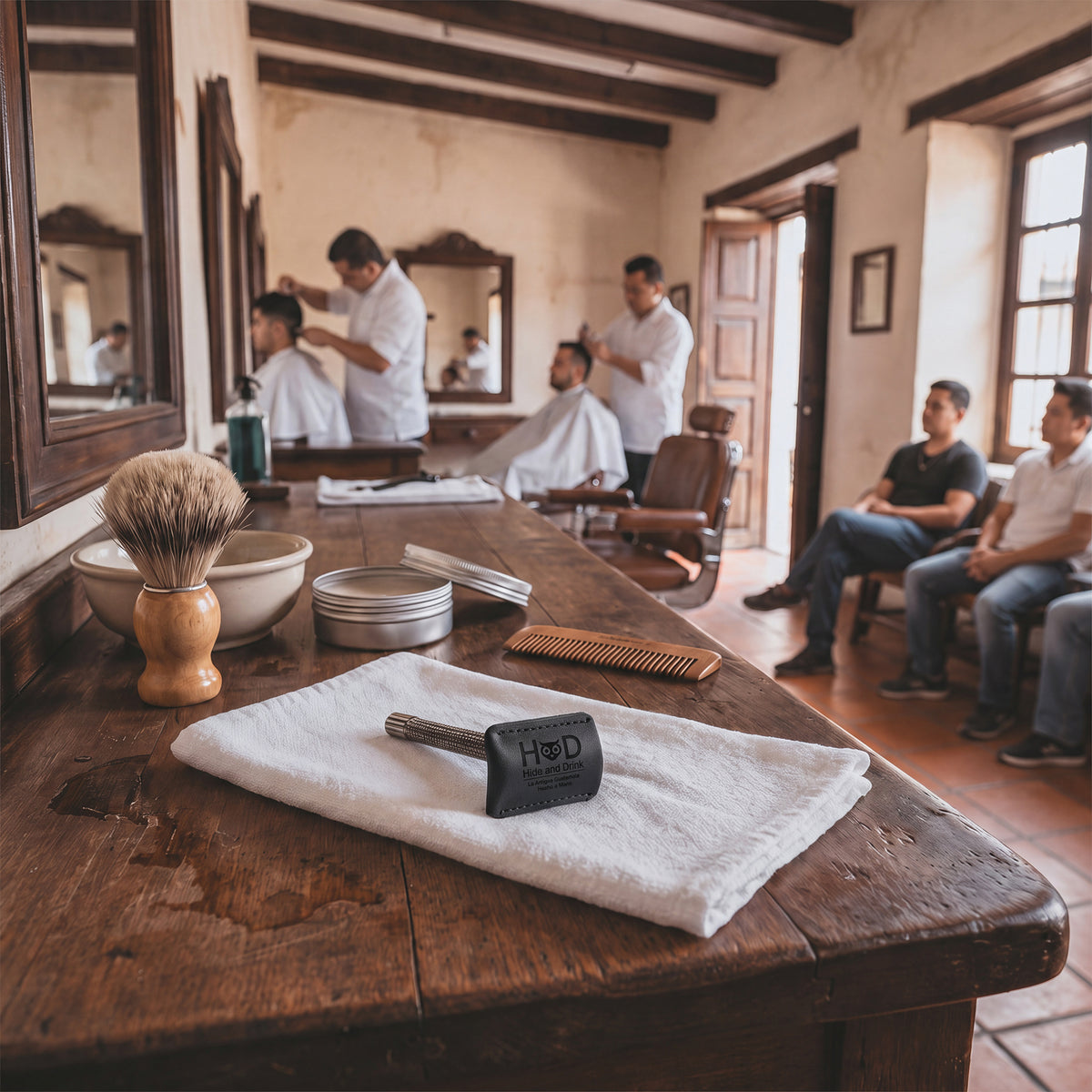 Durable Razor Head Cover by Hide & Drink, offering protection for your double edge safety razor. Crafted from full grain leather, this shaving travel cover represents small batch production and artisanal skills, handmade in La Antigua Guatemala & Oaxaca Mexico.