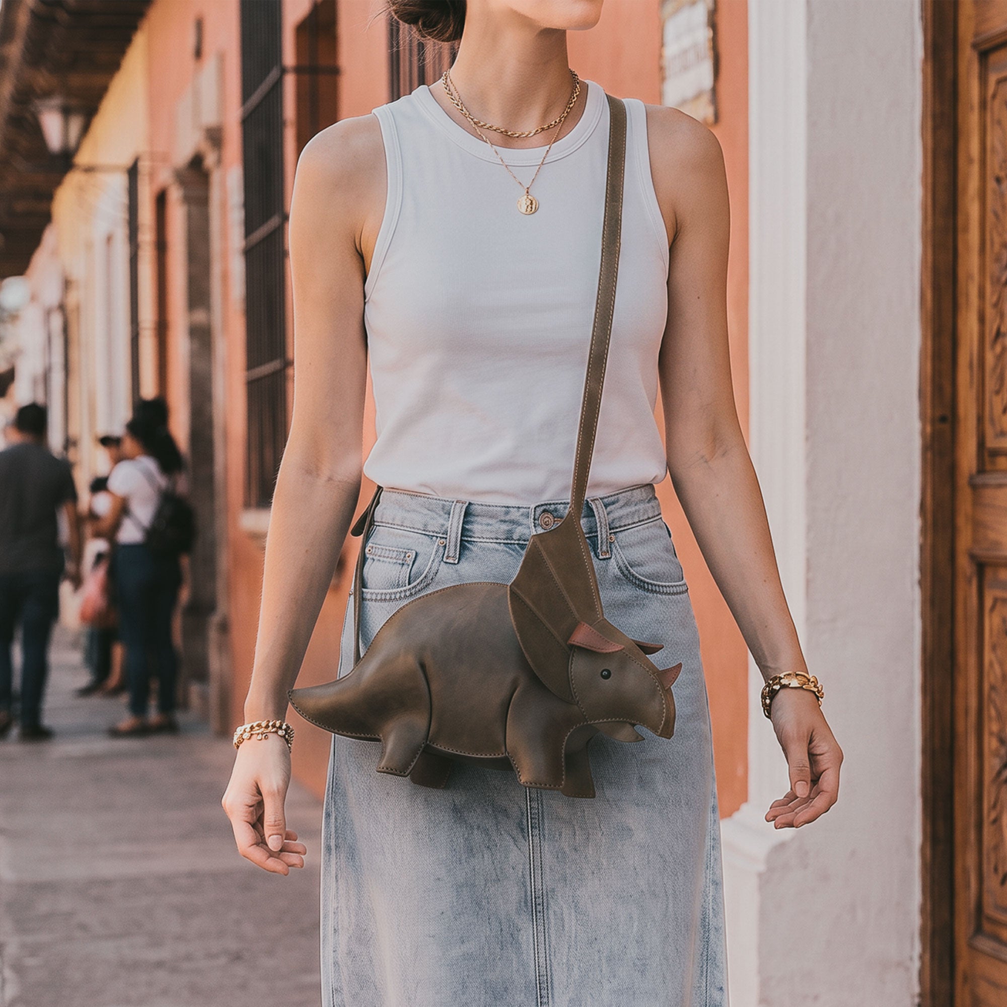 Leather Dinosaur Triceratops Crossbody Bag