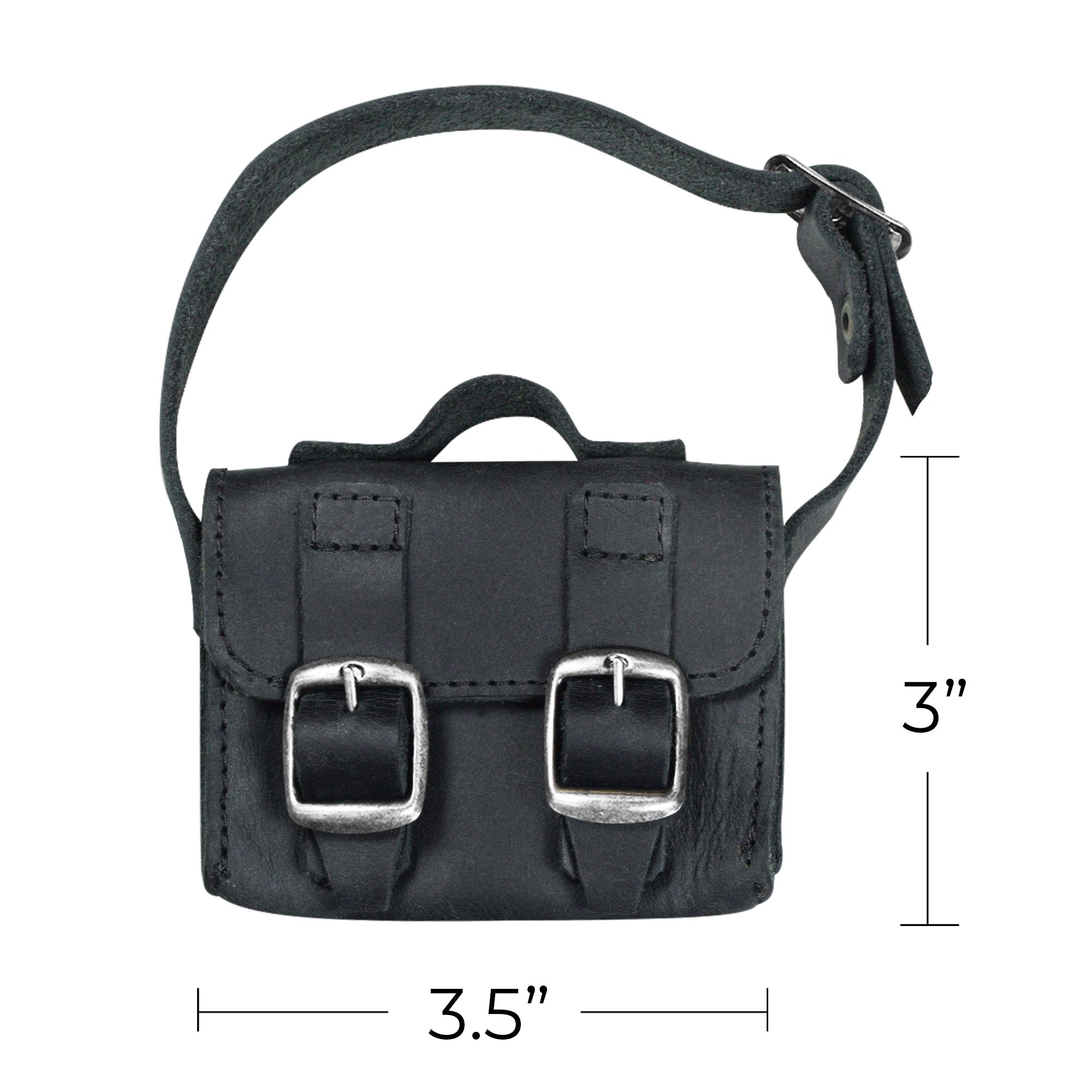 Size dimensions of the Black Tiny Messenger Bag by Hide & Drink, clearly displaying its compact design. This Mini Messenger Bag Charm, made from durable Full Grain Leather, is ideal for a keychain, crafted with artisan care in La Antigua Guatemala.