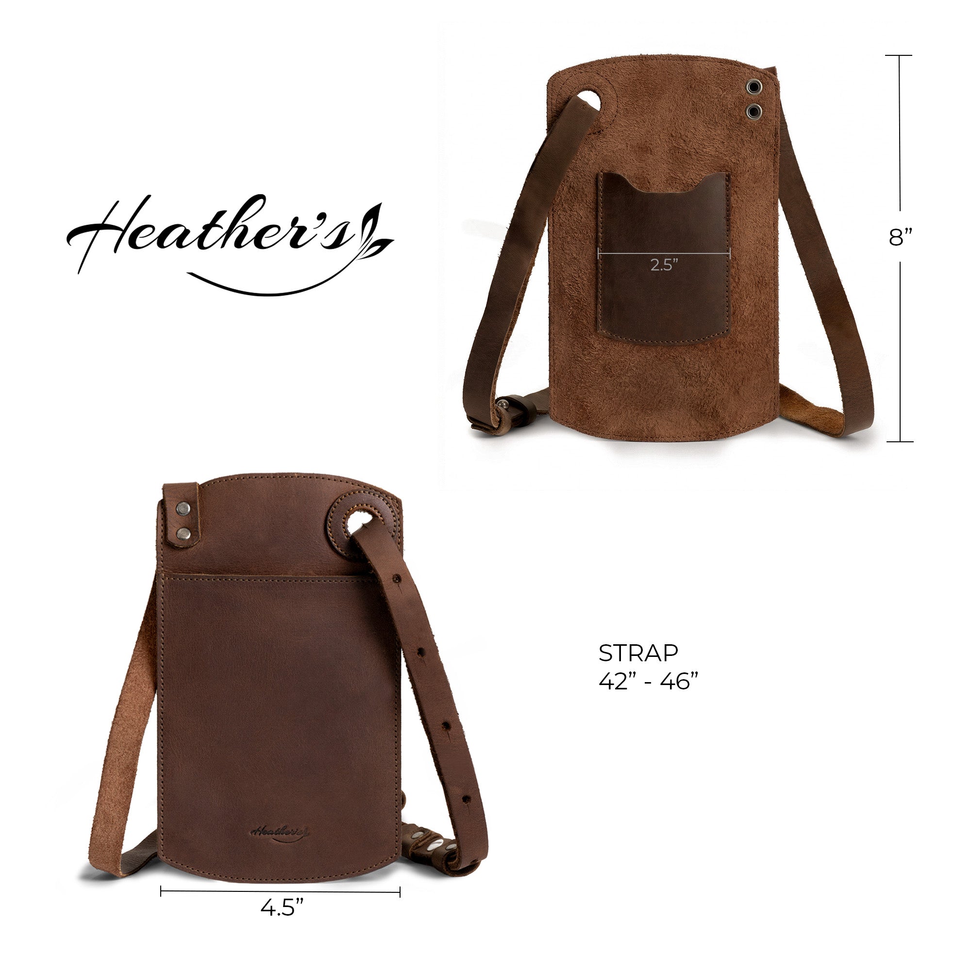 Dimensions illustration of the Phone Purse with Adjustable Strap by Heather's, detailing its size and features. This horizontal cellphone bag with an adjustable neck strap and card slot is handmade from full grain leather. It’s a perfect small batch production item lovingly crafted in La Antigua Guatemala, showcasing hand sewn and fire branded techniques.