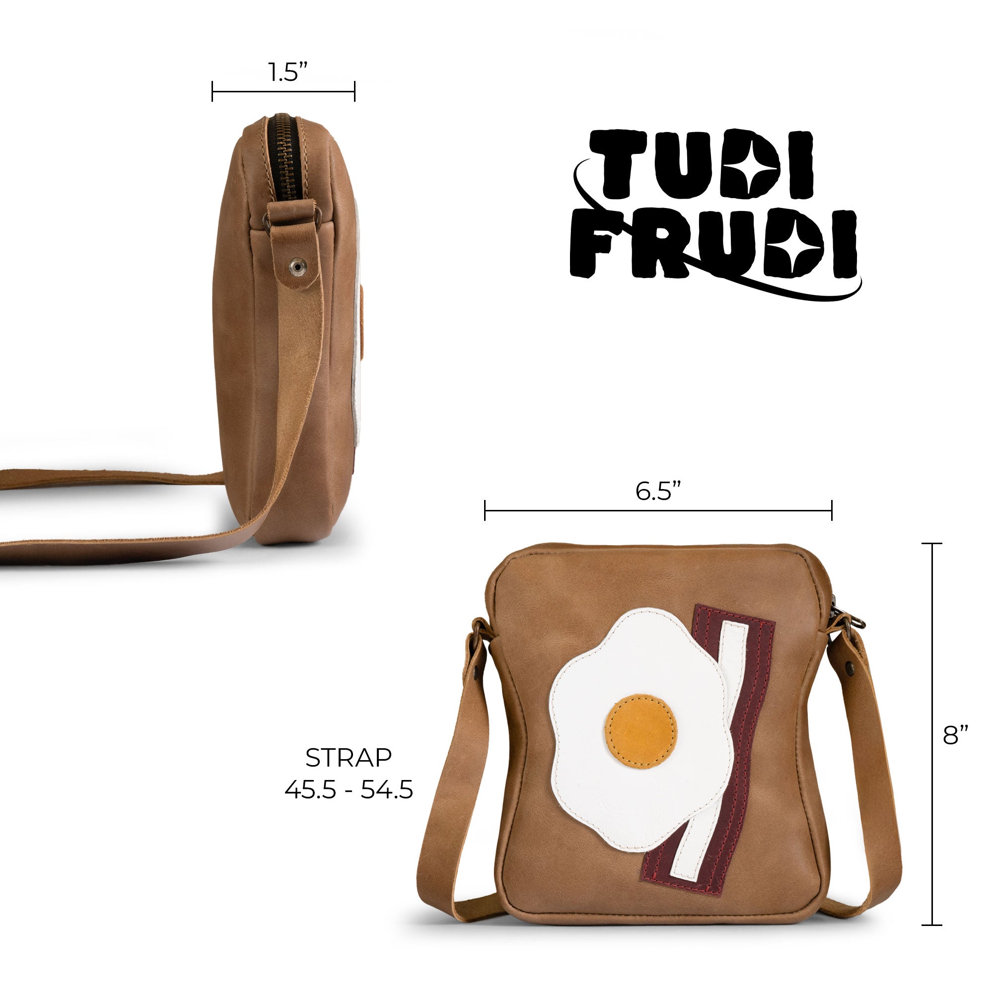 Dimensions and styling details of the Egg and Bacon Sandwich-Shaped Shoulder Bag by Tudi Frudi, showcasing its perfect size and versatility as a Handbag, Crossbody Bag, or Messenger Bag. Crafted from Full Grain Leather with a focus on artisan craftsmanship, Handmade in La Antigua Guatemala & Oaxaca Mexico.