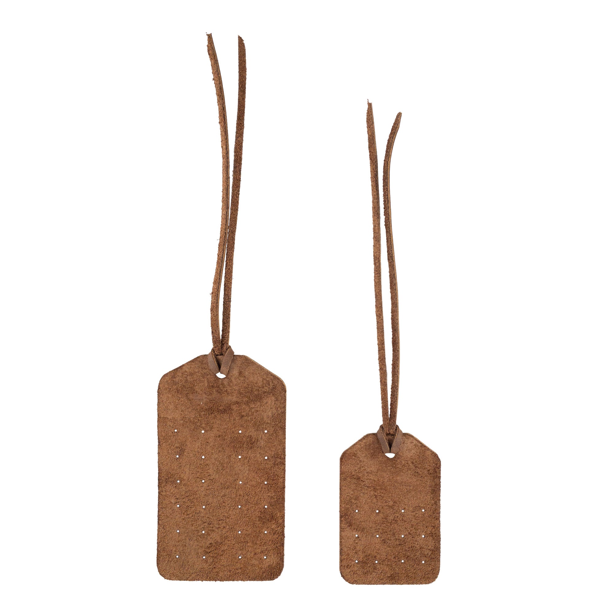 Set of 2 Earring Tags by Heather's presented in a clean format, showing the fine details of the pre-cut holes and leather straps. Each handcrafted tag made from full grain leather serves as a stylish travel accessory, created through artisan techniques in La Antigua Guatemala & Oaxaca Mexico.