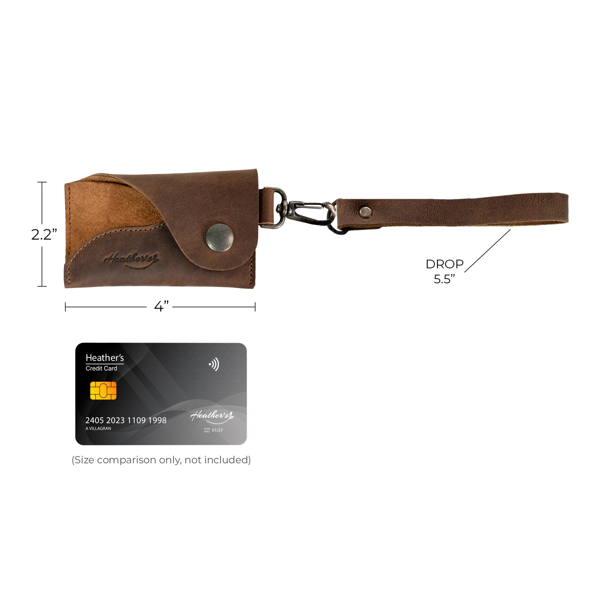 Heather's Female Wallet with Wristlet packaging, exhibiting its ID case with wrist strap and artisan details. This full grain leather wallet serves as a travel organizer and money holder, reflecting the quality of handmade products from La Antigua Guatemala and Oaxaca Mexico.