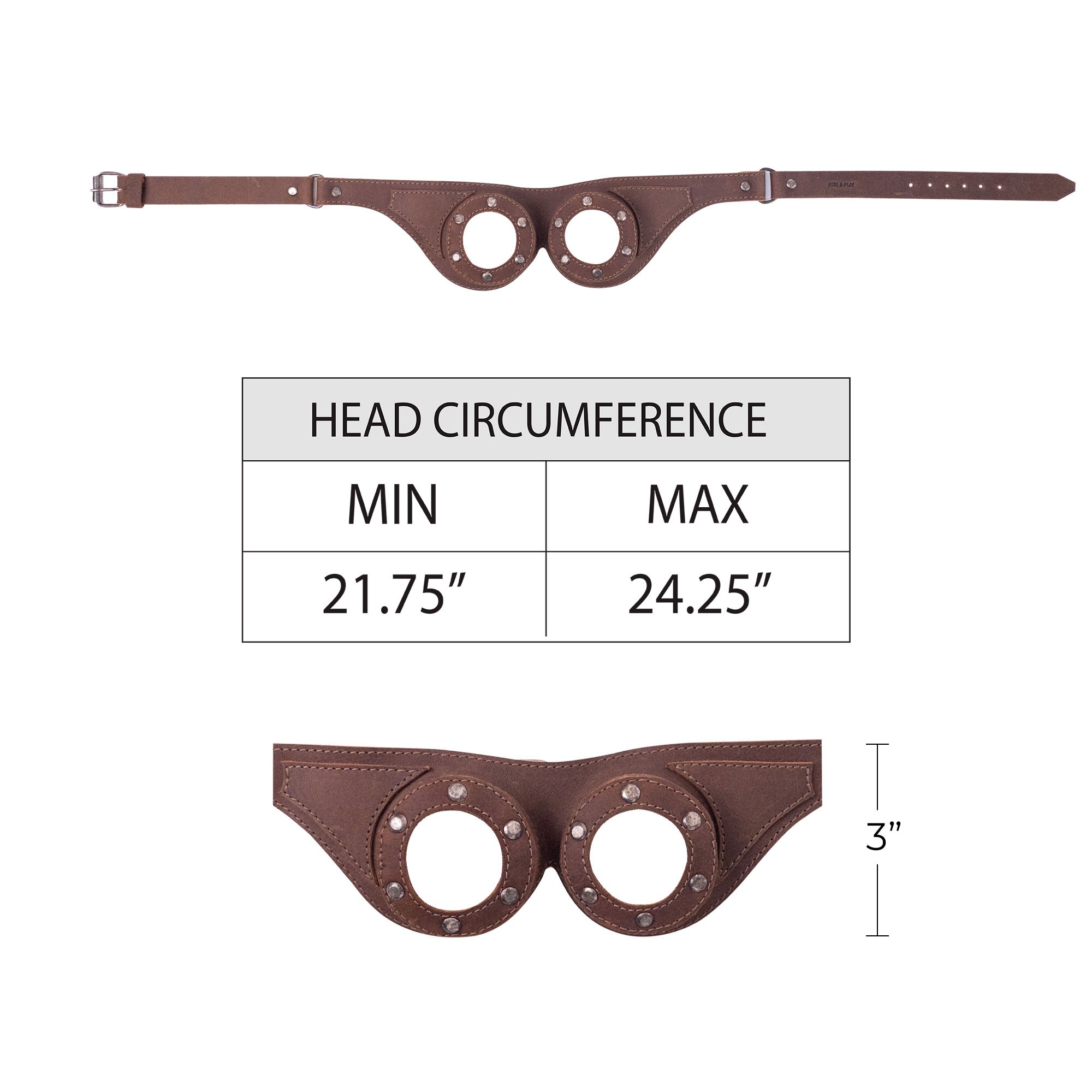 Dimensions and care guide for Riveted Steampunk Goggles by Hide & Play, detailing the handmade quality and full grain leather material. Perfect for steampunk costumes, these goggles reflect artisan craftsmanship and are a lovely addition to any retro cosplay.