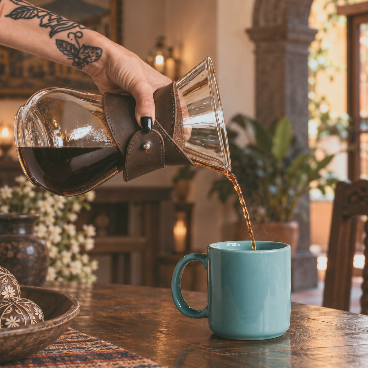 Side view of Hide & Drink Chemex Collar made of Full Grain Leather, highlighting its practical design for pour over coffee. This collar is compatible with Chemex 6-Cup Glass, handcrafted by artisans in La Antigua Guatemala & Oaxaca Mexico.