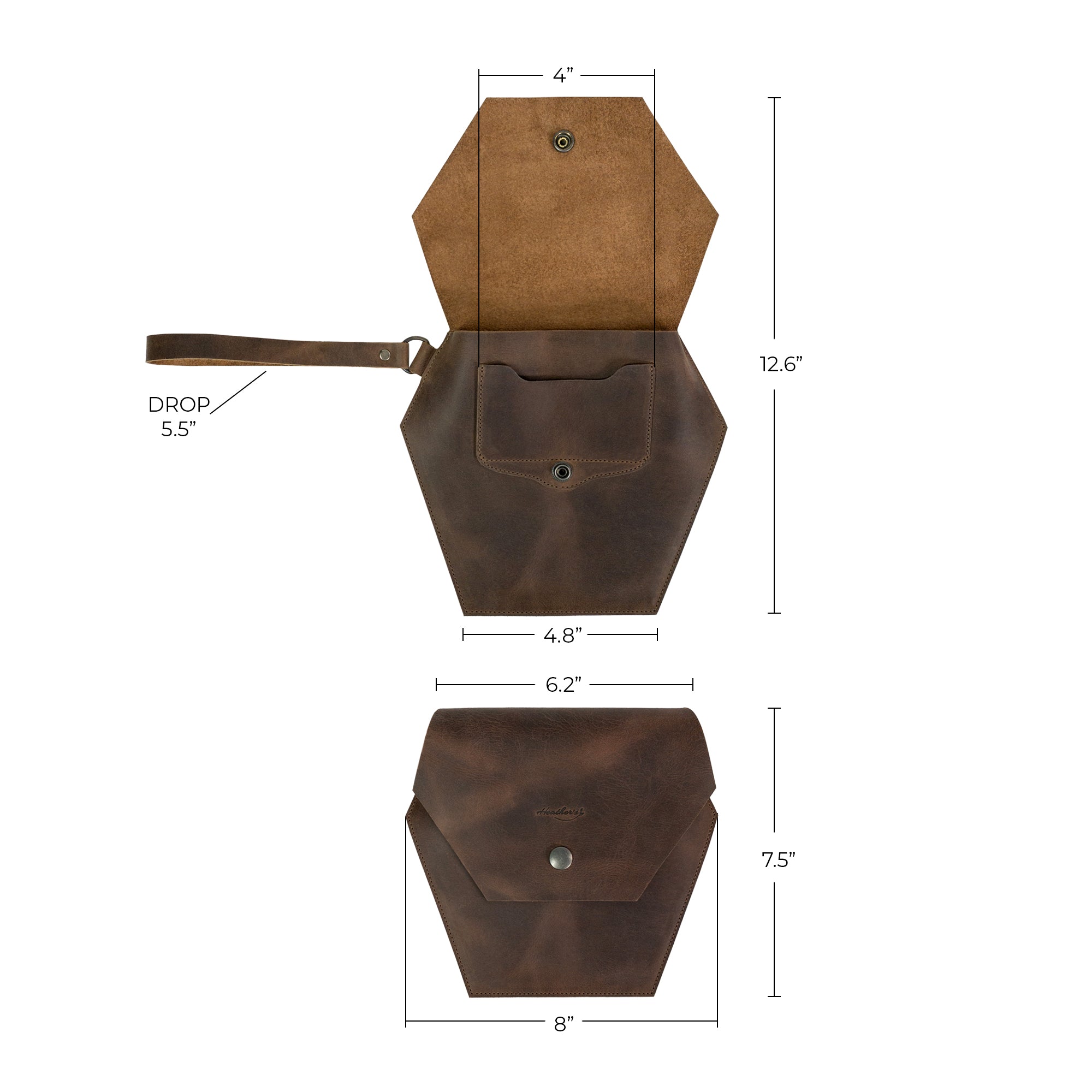 Dimensions and features of Heather's Hexagonal Clutch Bag, perfect for travel needs. This stylish handbag for women is hand cut and sewn from Full Grain Leather, designed for carrying makeup and toiletry items. A true artisan piece from small batch production in La Antigua Guatemala & Oaxaca Mexico.
