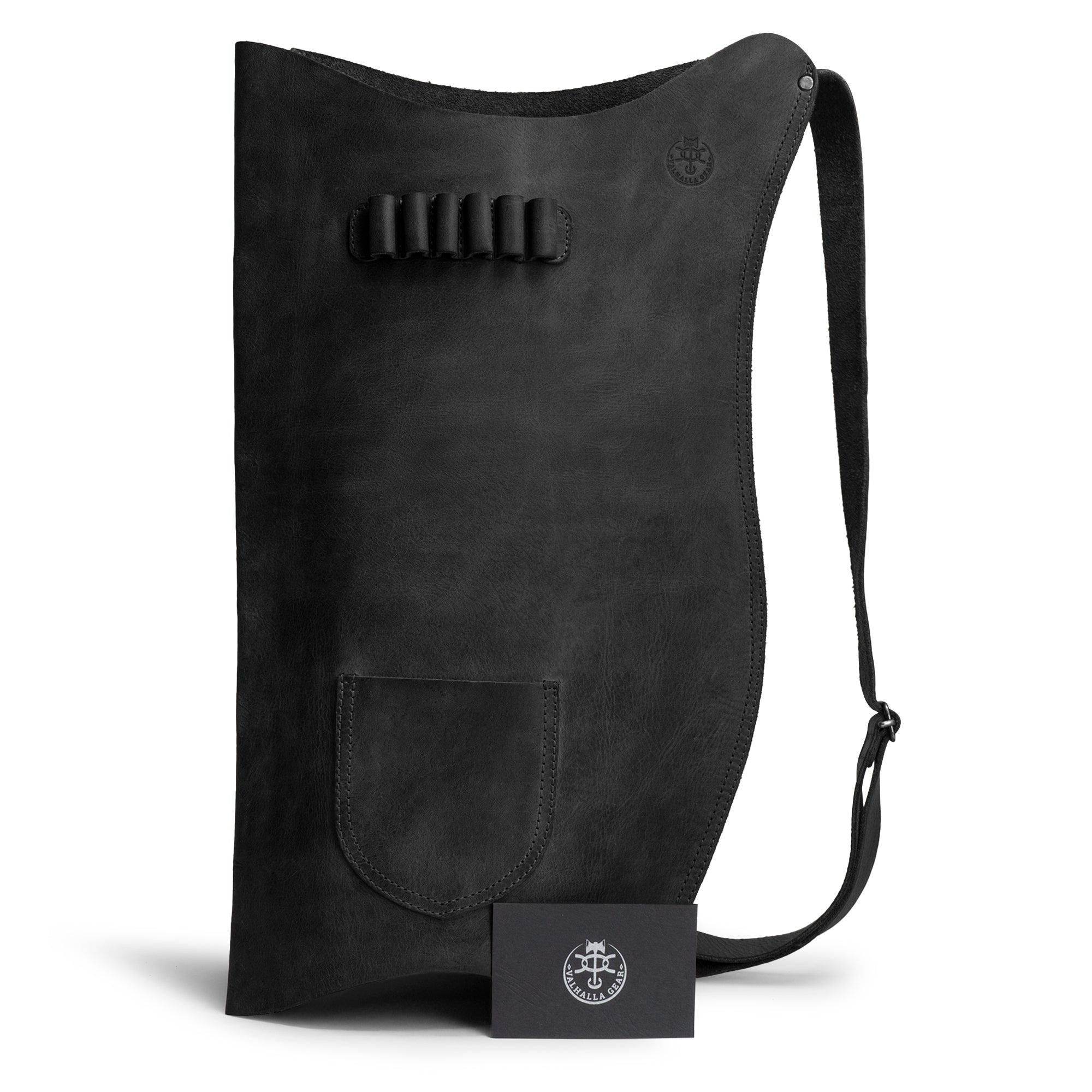 Front view of the black Archery Bow Carrier with Arrow Slots by Valhalla Gear, showcasing its unique design and features. The carrier, made of full grain leather, is perfect for archers engaged in training, cosplay, or shooting, emphasizing handcrafted quality.