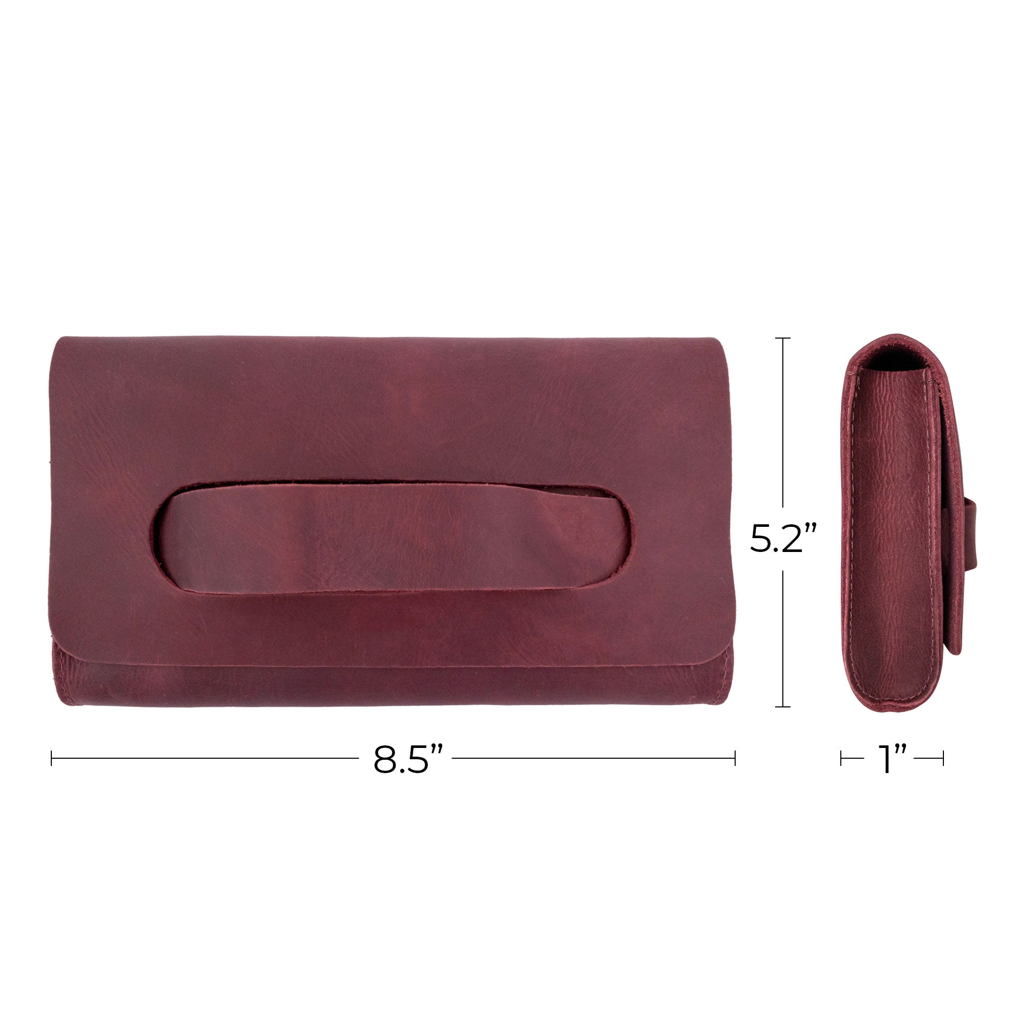 Dimensions of the maroon Clutch Bag With Handle by Hide & Drink, emphasizing its chic design. This Full Grain Leather Clutch Bag with Handle is an excellent choice for women seeking a functional handbag or night bag, handmade in Guatemala and Mexico.