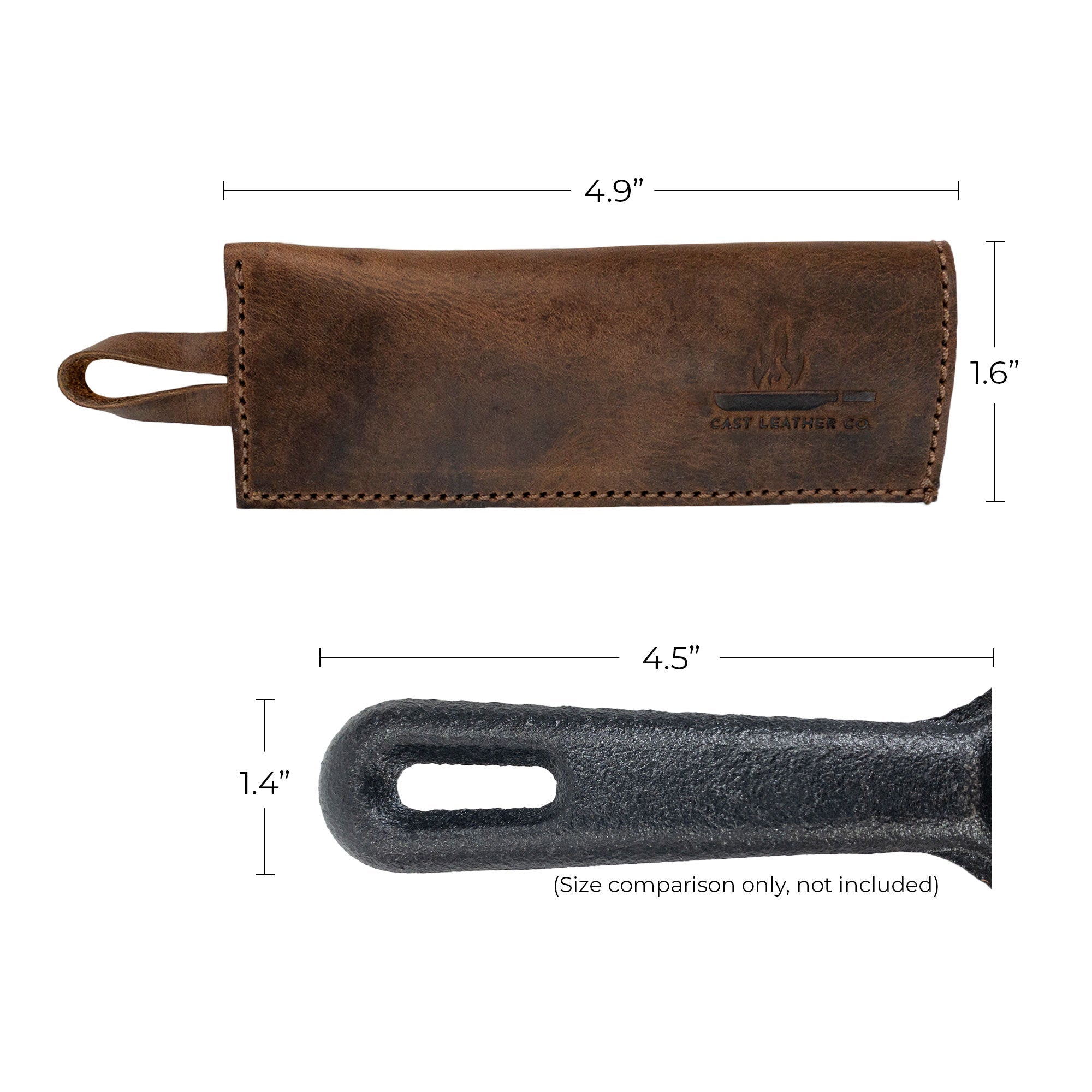 Detailed size comparison of the Set of 2 Rectangular Pan Handle Covers by Cast Leather Co., featuring full grain leather sleeves designed for metal skillet grips. These kitchen accessories highlight small batch production and artisan craftsmanship from La Antigua Guatemala & Oaxaca Mexico.