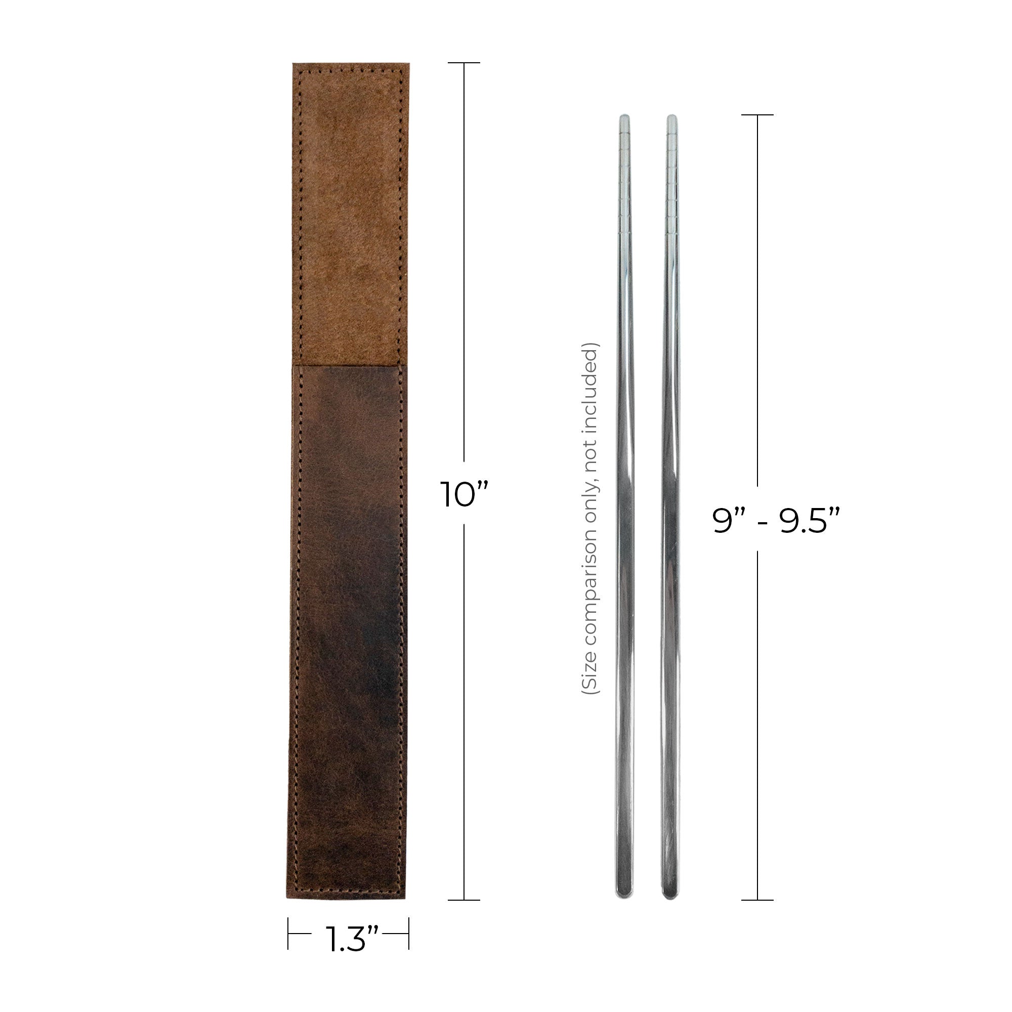 Sizing comparison of the Set of 2 Rectangular Chopstick Holders by Cast Leather Co., ideal for bamboo wooden Chinese chopsticks. Each handmade sleeve showcases full grain leather craftsmanship, making it a stylish accessory for any dining table.