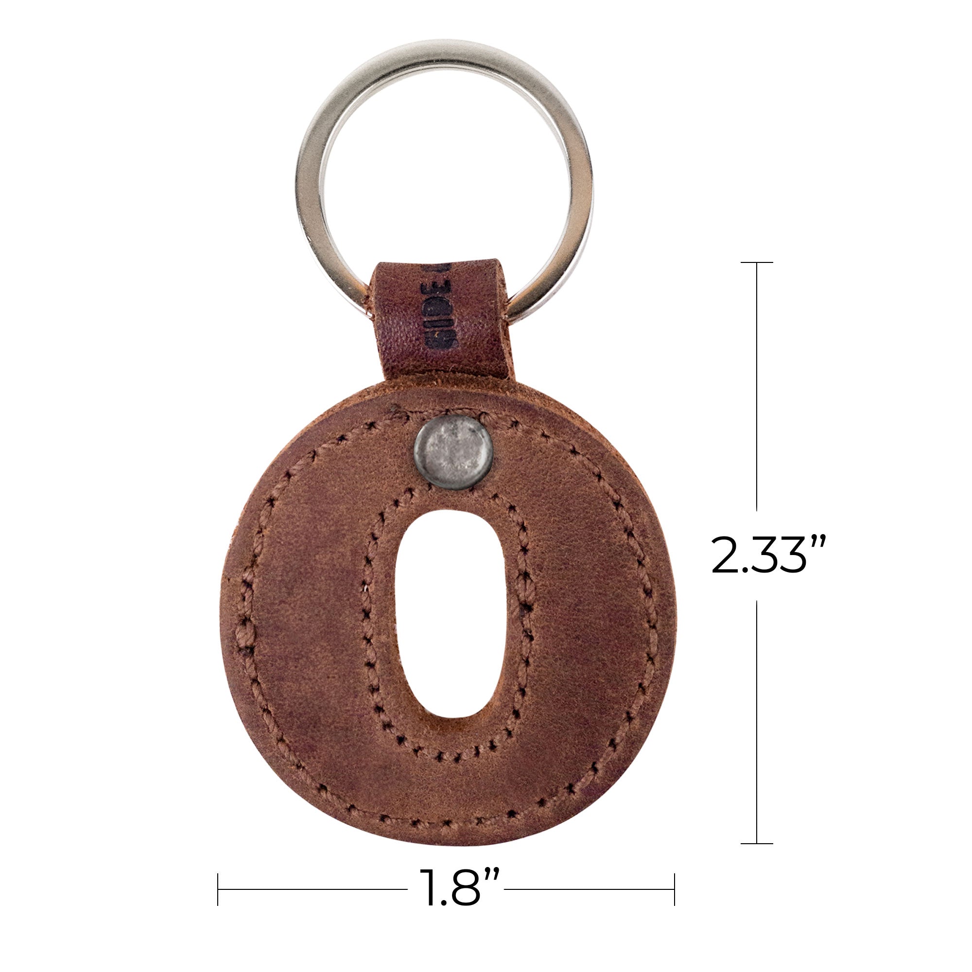 Dimensions and features of the letter O leather keychain from Hide & Drink. This durable Alphabet Letter Keychain made of Full Grain Leather represents small batch production and artisan skills from La Antigua Guatemala.
