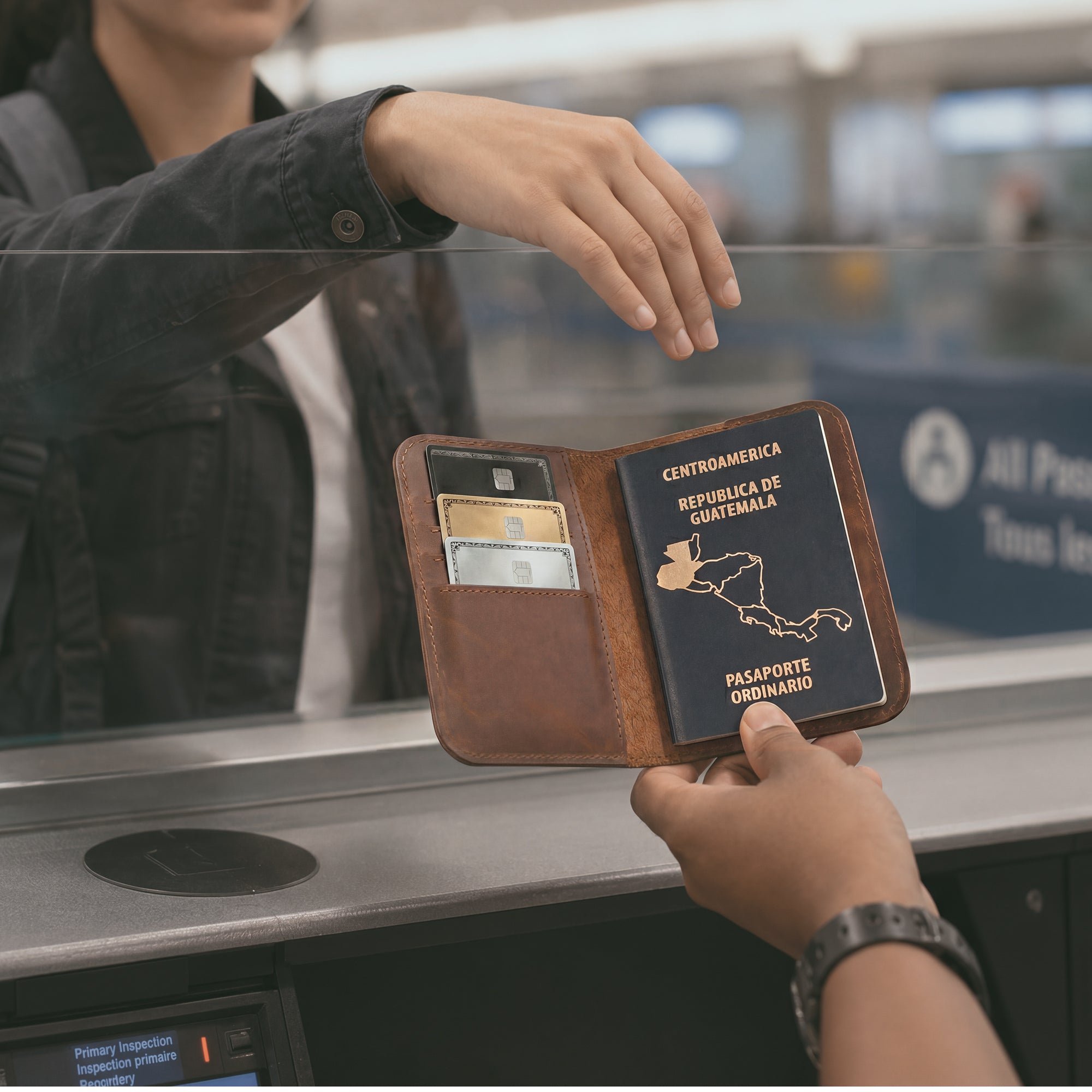 Inside view of the Hide & Drink Travel Wallet showing its pocket layout. This versatile travel wallet is a bifold passport case and card holder, made from premium leather in La Antigua Guatemala.