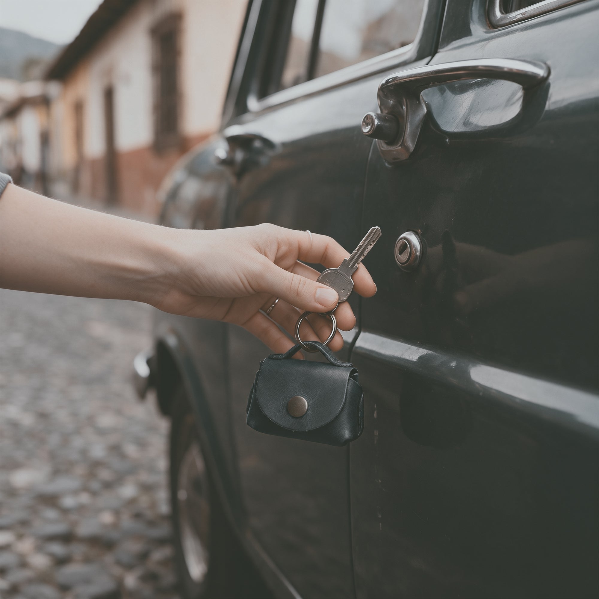 Inside view of the Tiny Handbag Keychain by Hide & Drink, filled with coins to illustrate its usability. This keychain, made from Full Grain Leather, is a great example of handmade craftsmanship from StockyardX, highlighting the artisan skills from Oaxaca Mexico.