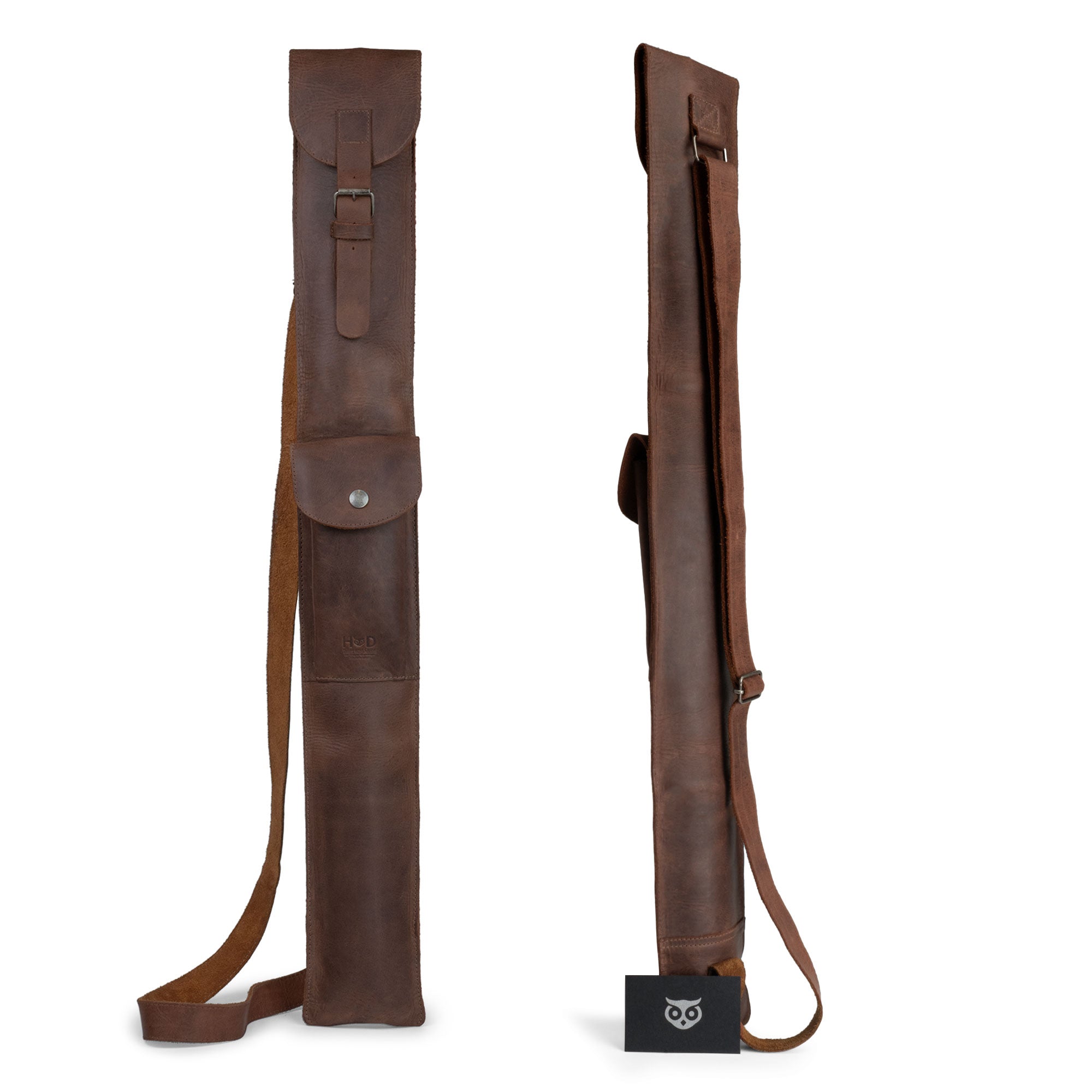 Hide & Drink Billiard/Pool Cue Case demonstrating a clean aesthetic, with an adjustable strap and pocket, crafted from luxurious full grain leather. Perfect for cue enthusiasts. Rustic Billiard/Pool Cue Flat Case, Stick Carrying Bag with Adjustable Strap, Full Grain Leather, StockyardX, Small Batch Production, Hand Cut, Hand Sewn, Fire Branded, Artisan, Handmade in La Antigua Guatemala & Oaxaca Mexico.