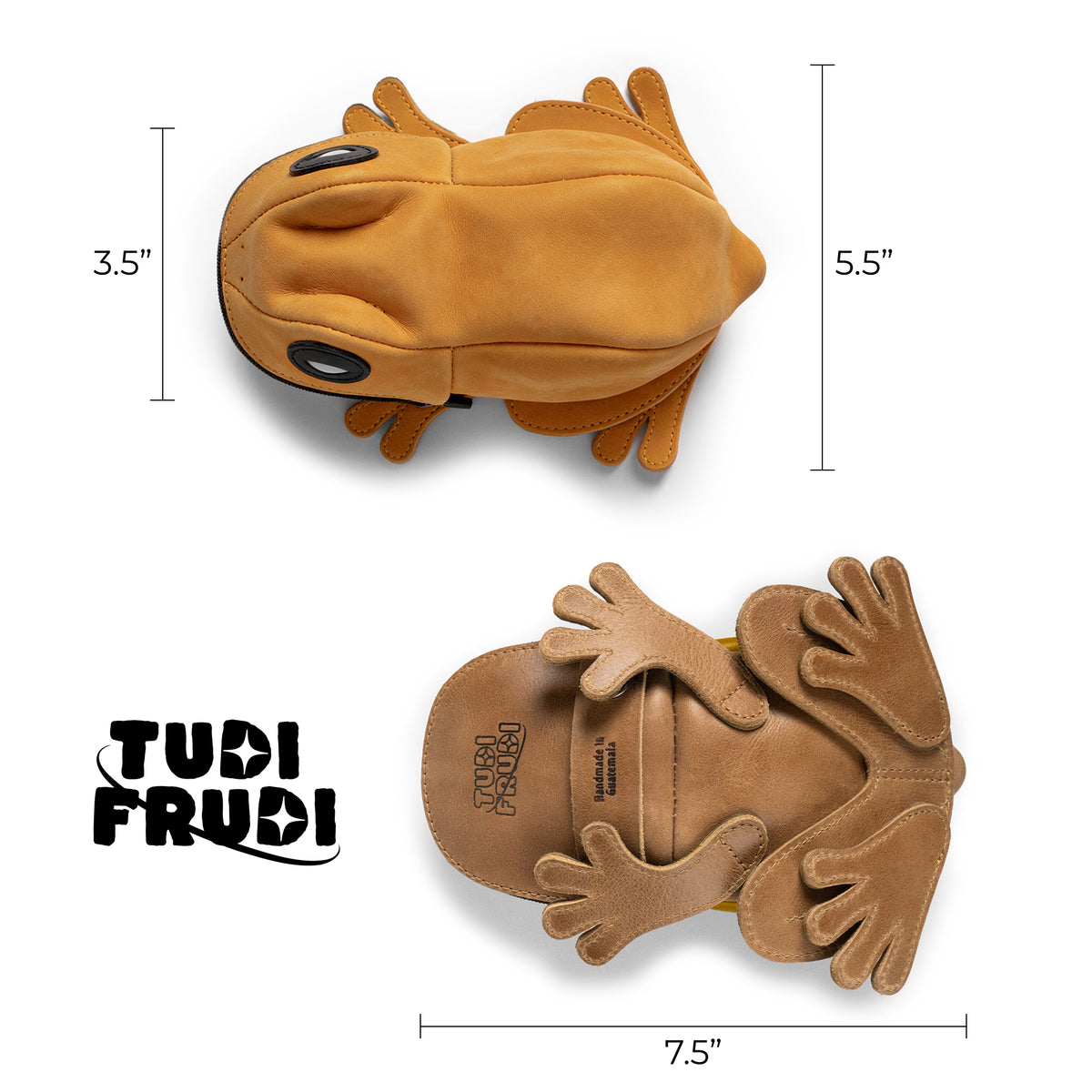 Tudi Frudi Frog Pouch shown from above with measurements of 7.5 inches long and 5.5 inches high, illustrating the compact Frog-Shaped Pouch design for use as a Cable Organizer, Small Accessory Case, Zippered Cash Holder Wallet for Coins, and Change Purse for Pouches for Men and Women. Made from Full Grain Leather through StockyardX Small Batch Production, this Hand Cut, Hand Sewn, Fire Branded Artisan pouch is Handmade in La Antigua Guatemala & Oaxaca Mexico.