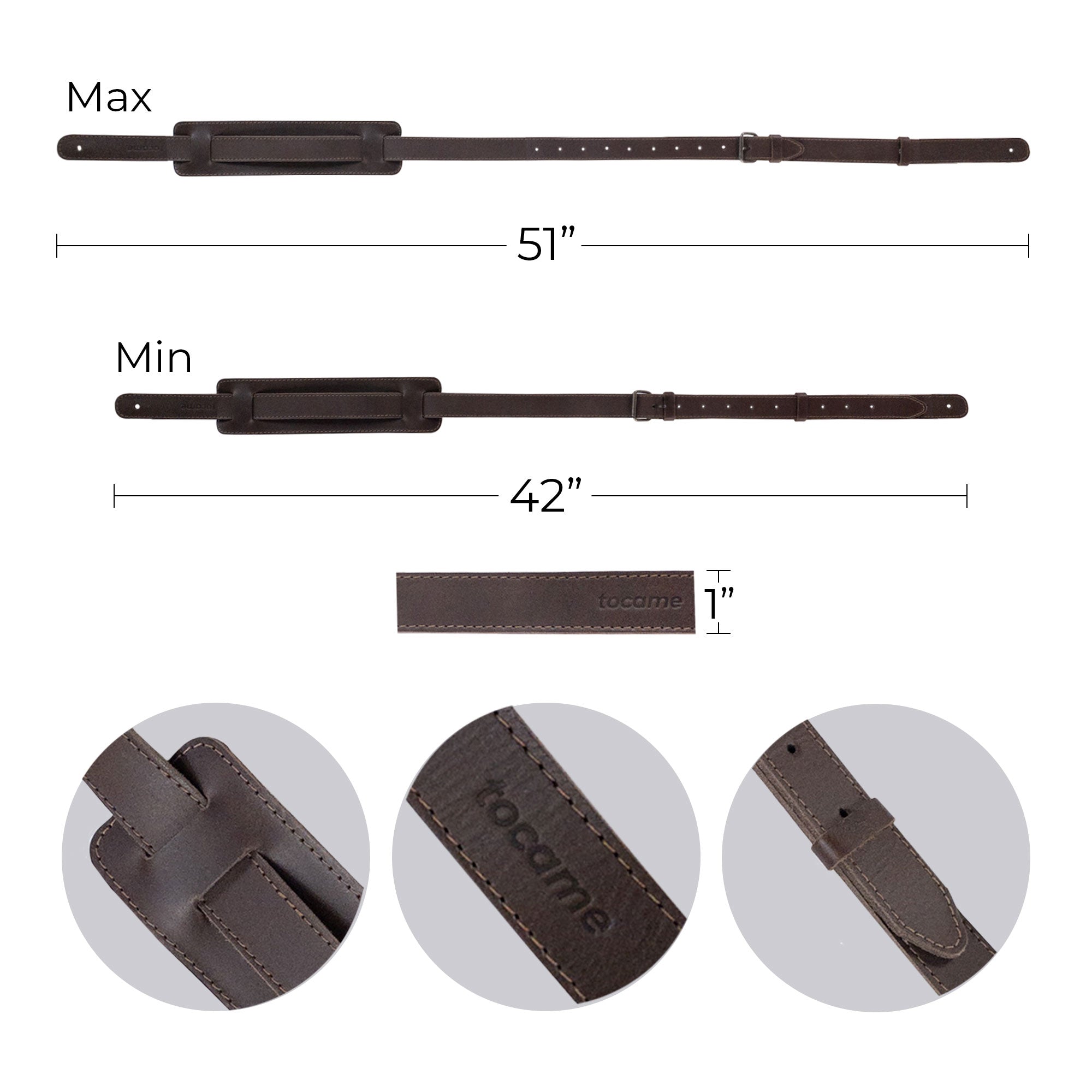 Detailed specifications of the tocame Adjustable Guitar Strap, showcasing its length options and artisan features. This handmade strap for musicians combines comfort and style, made from full grain leather in La Antigua Guatemala.