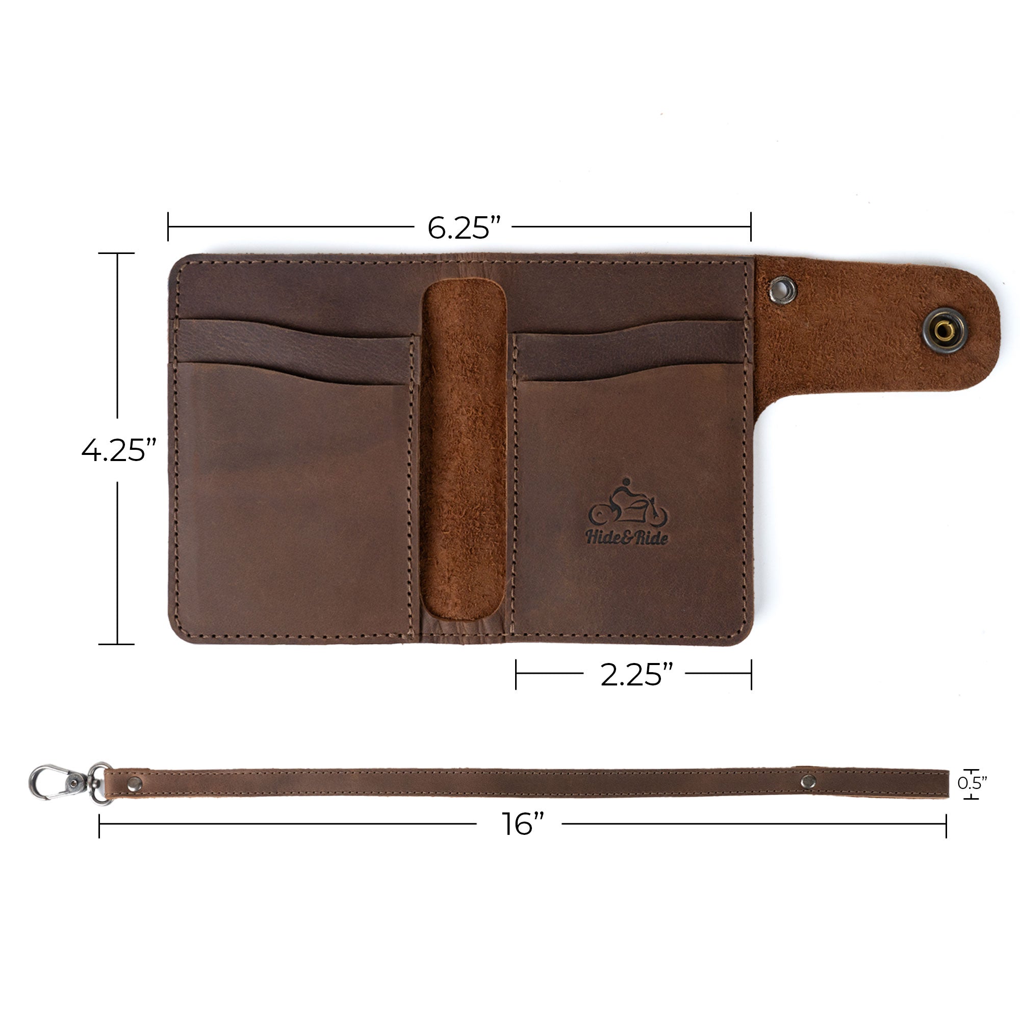 Hide & Ride Biker Wallet dimensions displayed, illustrating the size of this rectangular wallet. It features a compact wallet with a belt loop and strap, perfect for bikers and a convenient card holder with a snap closure.
