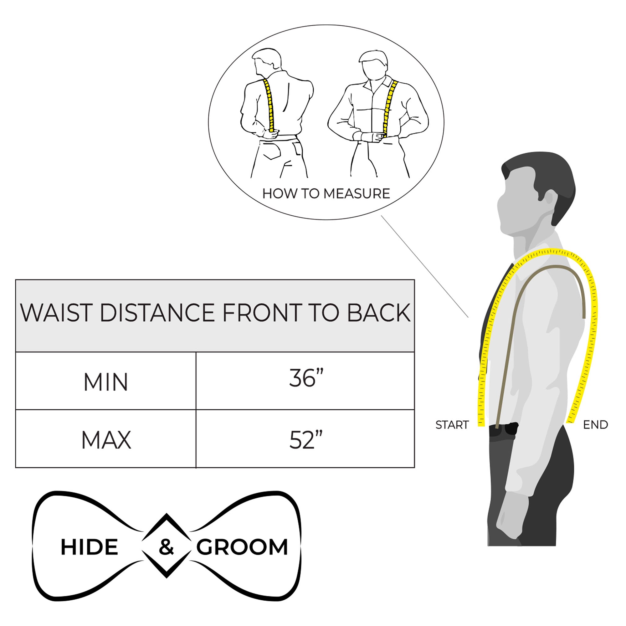 Measuring guide for Hide & Groom's yellow X Back Formal Suspenders, detailing fitting specifications for optimal comfort. Made from full grain leather, these suspenders are crucial for weddings, providing shoulder support. Each piece is handmade with dedication through small batch production processes in La Antigua Guatemala.