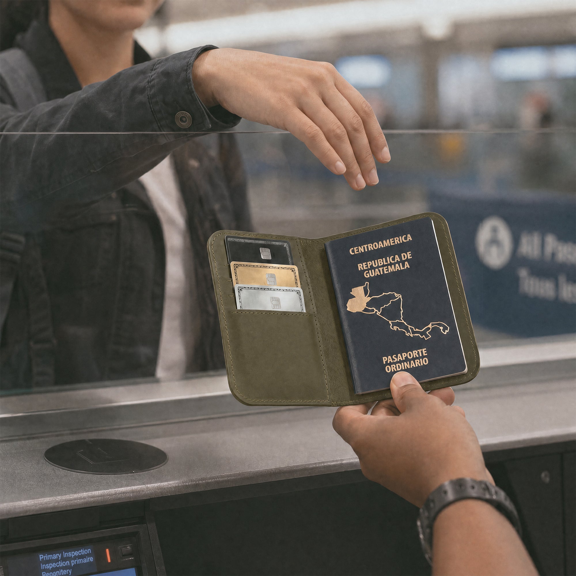 Sleek view of the Hide & Drink Travel Wallet demonstrating its practicality. This stylish travel wallet functions as a bifold passport case made from full grain leather in La Antigua Guatemala.