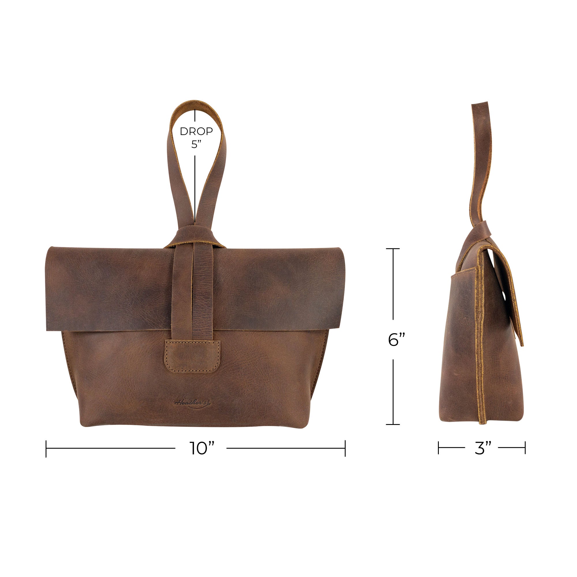 Dimensions of the Women's Clutch Bag by Heather's displayed for shopping convenience. This handcrafted item, made from Full Grain Leather, embodies quality artisan production for cosmetics, toiletries, and everyday essentials.