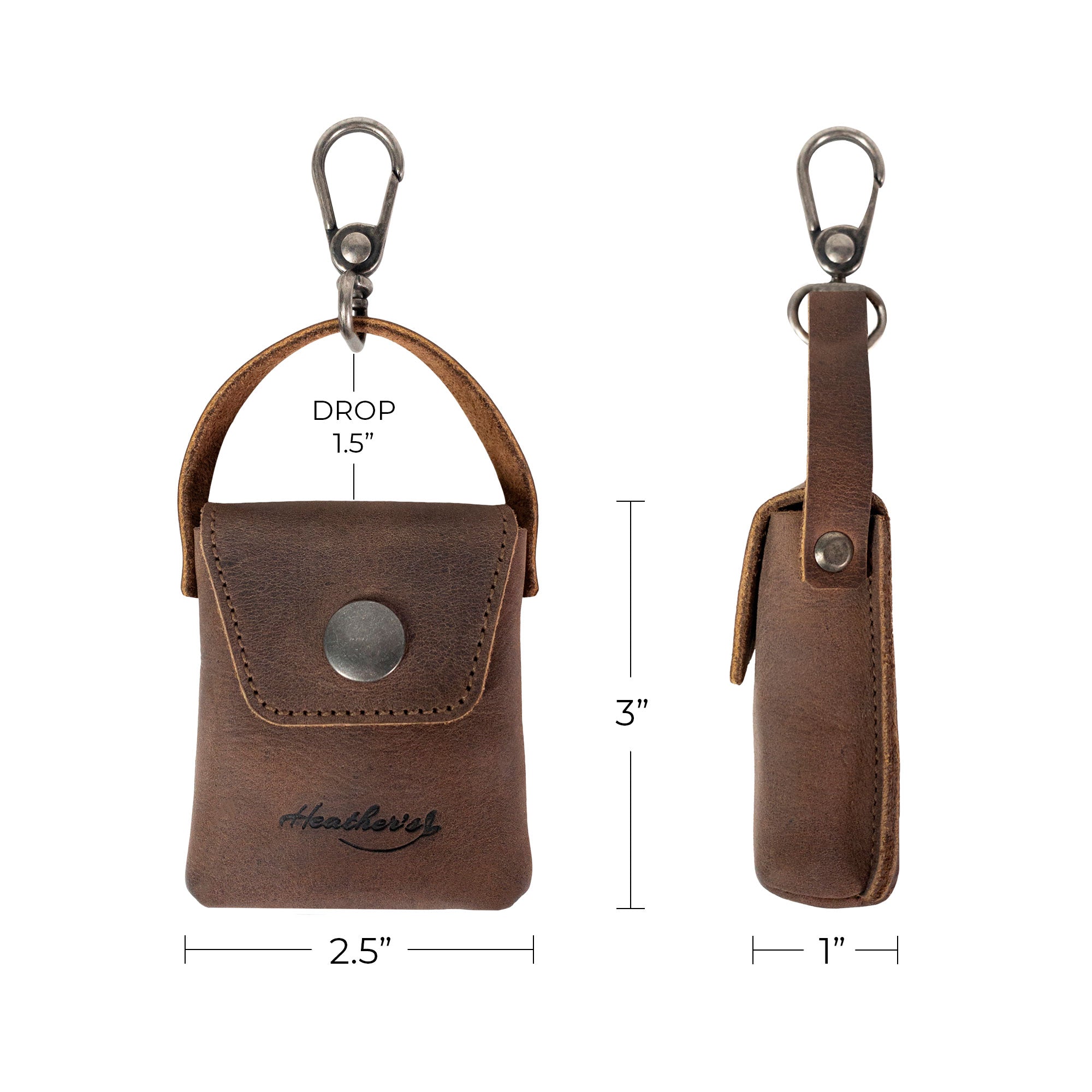 Heather's Mini Purse-Shaped Keychain showing its dimensions in comparison to a hand. This full grain leather key organizer is a charming mini purse keychain for women, emphasizing small batch production and handcrafted quality in La Antigua Guatemala & Oaxaca Mexico.
