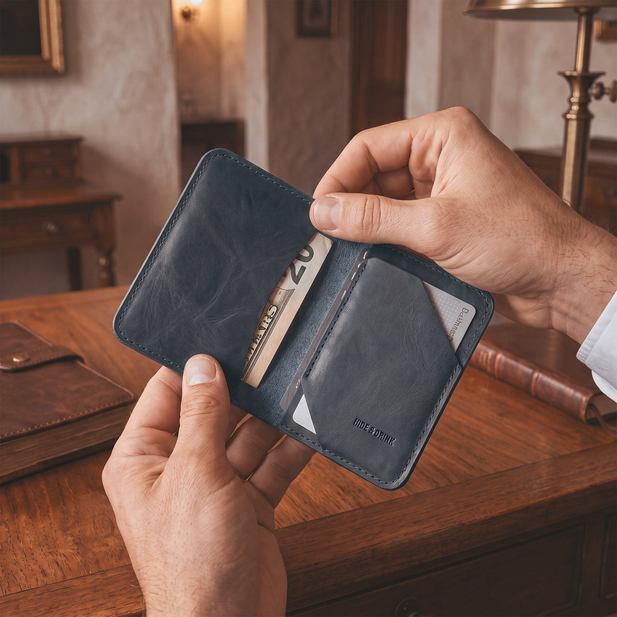 Navy Bi-Fold Card Wallet Diagonal by Hide & Drink displayed open, emphasizing its practical design for cards and cash organization, crafted from high-quality leather.