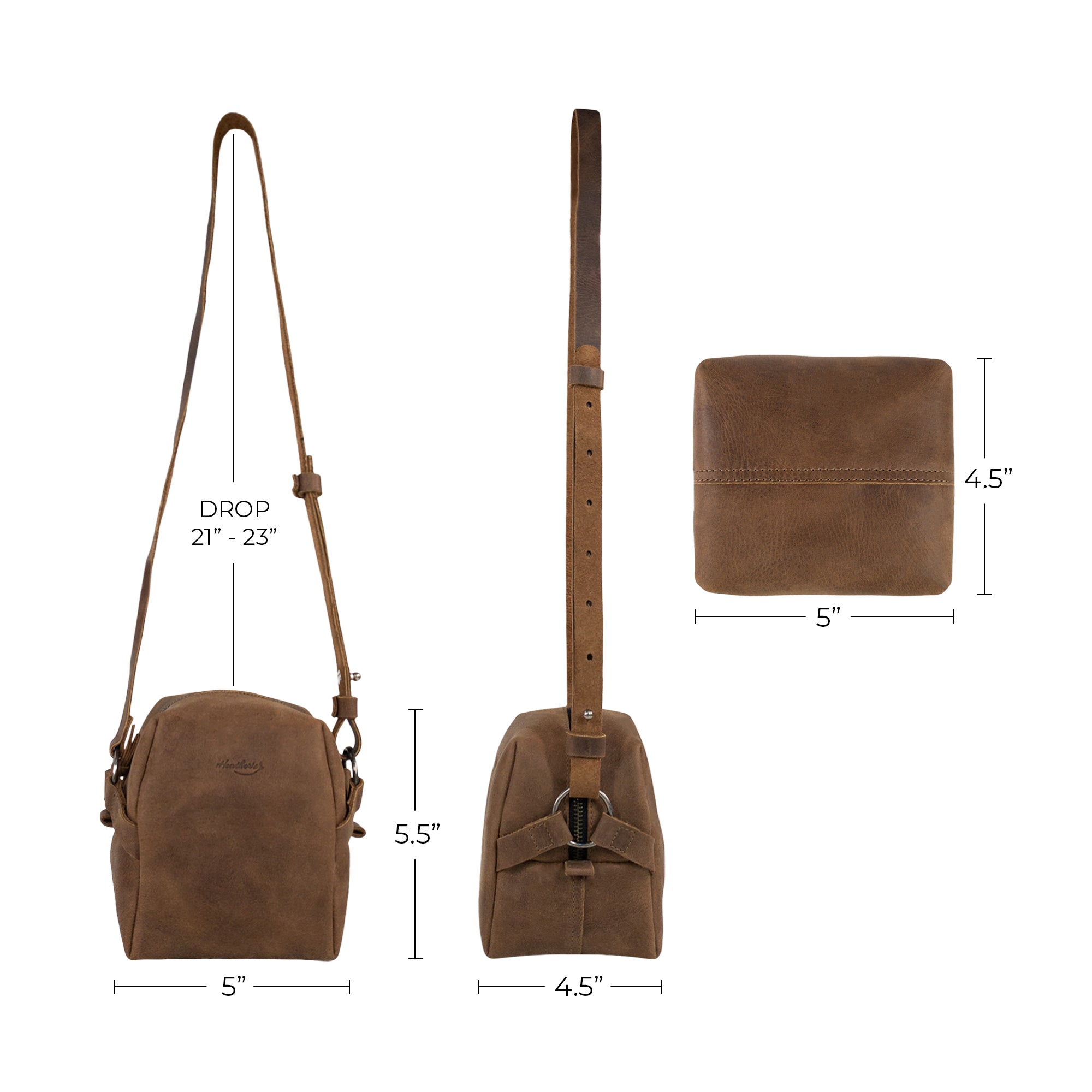 Dimensions of the Heather's Cube Shaped Bag with specifications. This rustic handbag is expertly crafted from Full Grain Leather, showcasing the quality and charm of small batch production while providing a stylish and practical accessory for daily use.