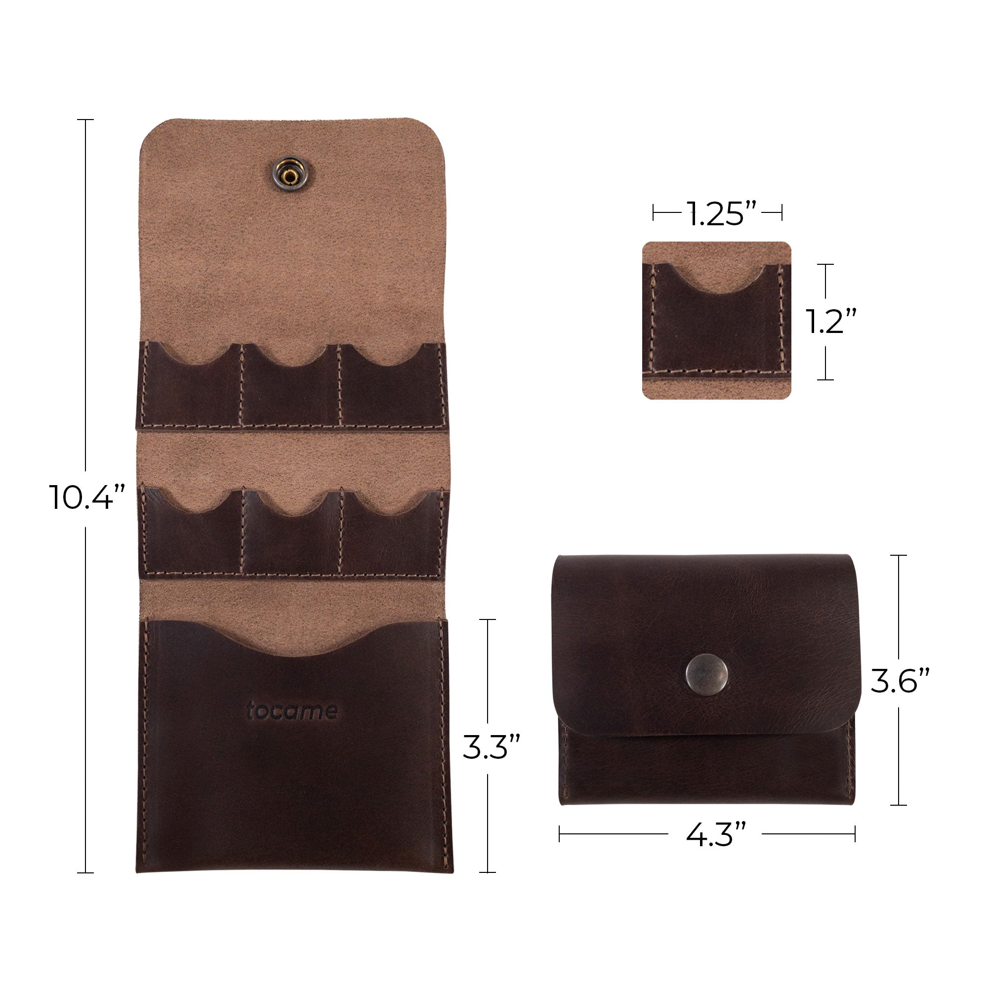 Size comparison of tocame's Guitar String Case with 6 Slots for Picks next to a smaller accessory case, highlighting its practicality. This Guitar String Case with 6 Slots for Picks is a must-have Guitar String Holder for Electric & Acoustic Guitar, made from Full Grain Leather and represents the artisan production in La Antigua Guatemala.