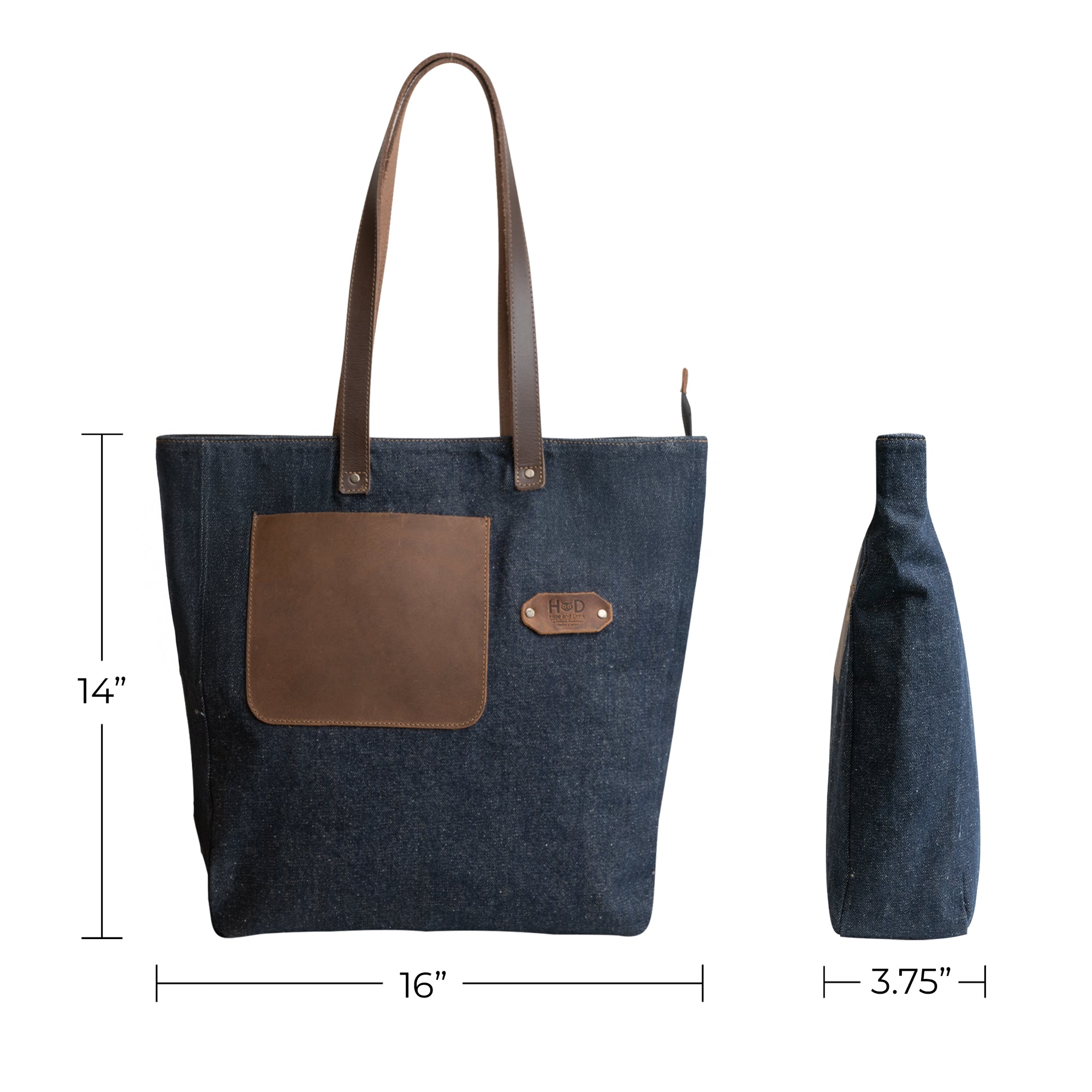 Dimensions of the Denim Tote Bag with Leather Straps by Hide & Drink shown alongside a water bottle for size comparison. Durable Denim Tote Bag with Leather Straps, Cell Phone Purse, Shoulder Bag for Girls, Full Grain Leather, StockyardX, Small Batch Production, Hand Cut, Hand Sewn, Fire Branded, Artisan, Handmade in La Antigua Guatemala & Oaxaca Mexico.