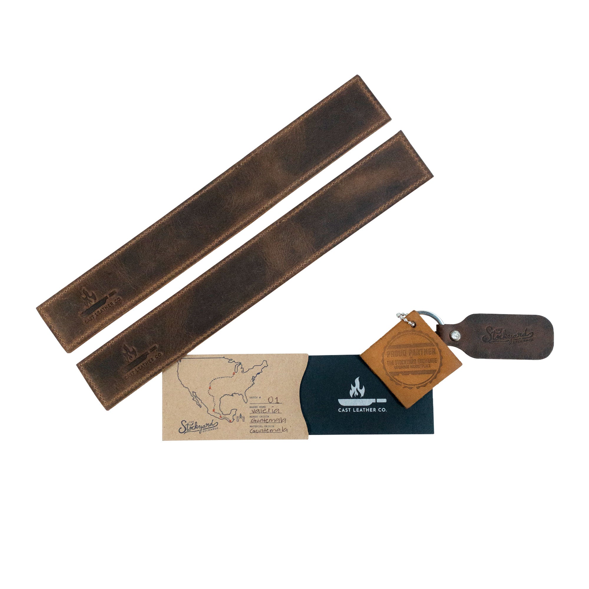 Packaging and details for the Set of 2 Rectangular Chopstick Holders from Cast Leather Co., highlighting the artisan handmade qualities of these full grain leather sleeves intended for bamboo wooden Chinese chopsticks.