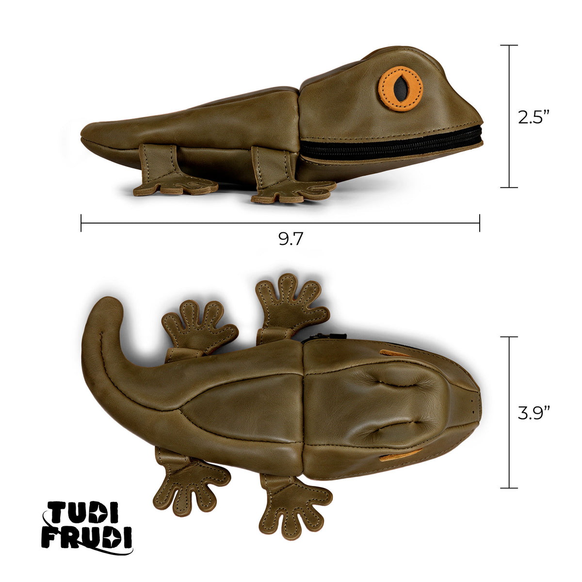 Tudi Frudi Gecko Pouch Gecko Pencil Pouch size guide showing 9.7-inch length, 2.5-inch height, and 3.9-inch width; Full Grain Leather Small Pen Organizer, Zippered Holder Wallet for Coins, Change Purse, Money Pouches for Men and Women, and Cable Holder made by StockyardX through Small Batch Production, Hand Cut, Hand Sewn, Fire Branded Artisan work, Handmade in La Antigua Guatemala & Oaxaca Mexico.