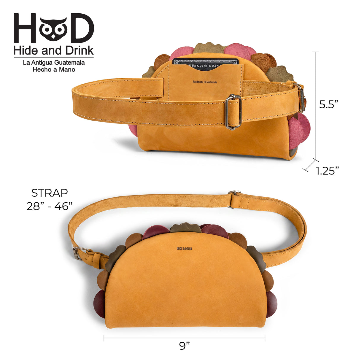Hide & Drink Taco Fanny Pack product size guide showing the tan full grain leather waist bag with adjustable 28 to 46 inch strap, 9 inch length, and compact dimensions. This fun belt bags design works as zippered bags, a travel carrier, outdoor waist pouch, carry on case, and travel accessory. StockyardX makes each Taco Fanny Pack through small batch production with hand cut, hand sewn, fire branded artisan craftsmanship, handmade in La Antigua Guatemala & Oaxaca Mexico.