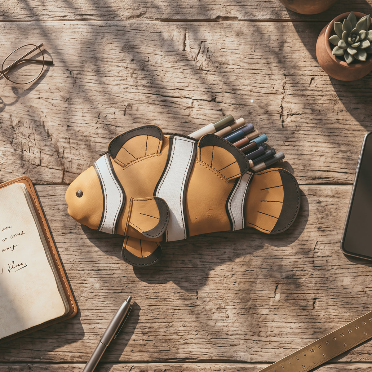 Tudi Frudi Leather Clownfish Pouch filled with colorful pens on a wooden desk beside a notebook, glasses, and a tablet, serving as a Leather Clownfish Pencil Pouch, Small Pen Organizer, Zippered Holder Wallet for Coins, Change Purse, Money Pouches for Men and Women, Saving Box, Cable Holder, Full Grain Leather, StockyardX, Small Batch Production, Hand Cut, Hand Sewn, Fire Branded, Artisan, Handmade in La Antigua Guatemala & Oaxaca Mexico.