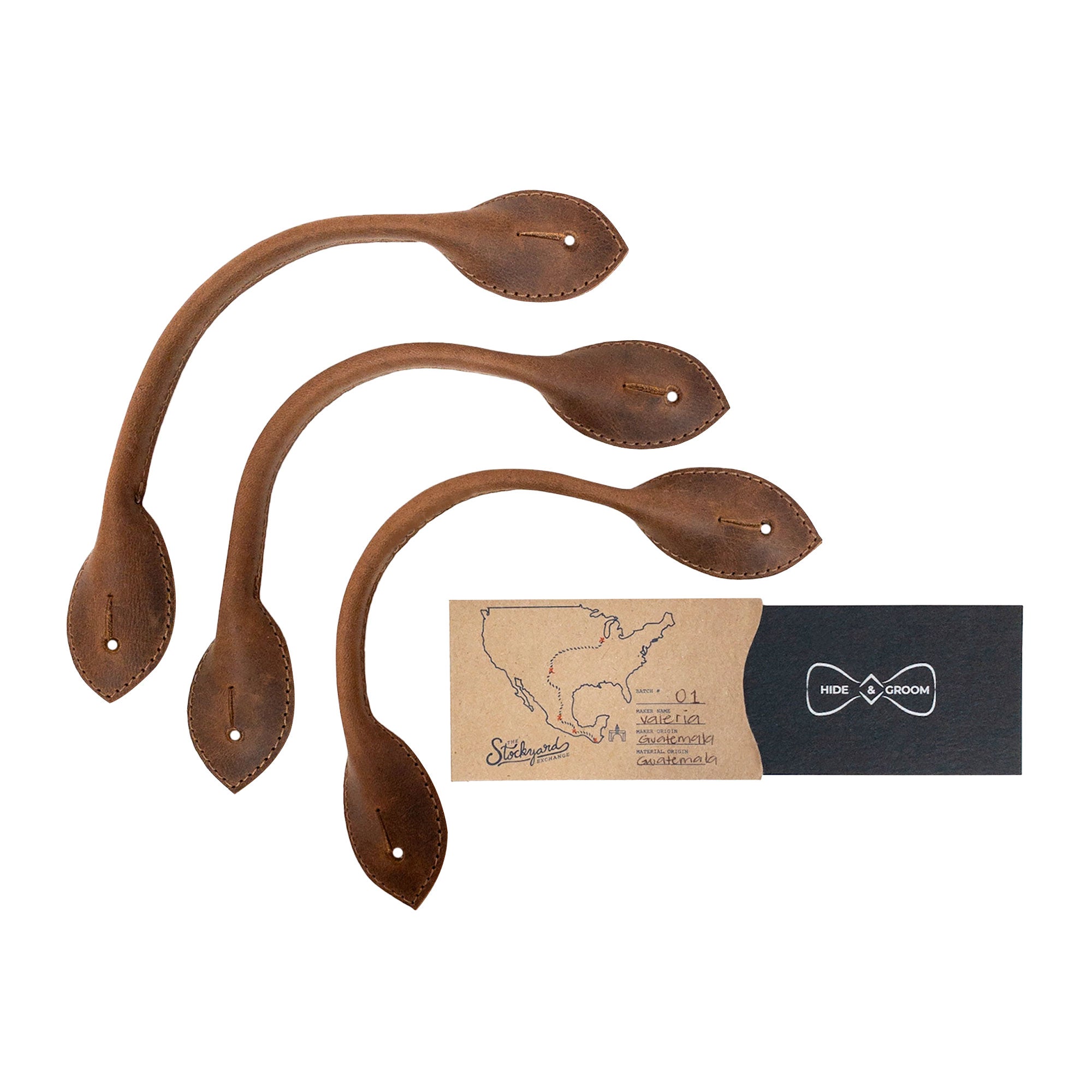 Packaging of the Set of 3 Button End Attachments for Suspenders by Hide & Groom, showcasing the artisanal quality and branding. Perfect for groomsmen and bachelor parties, this full grain leather accessory emphasizes handmade craftsmanship from La Antigua Guatemala.