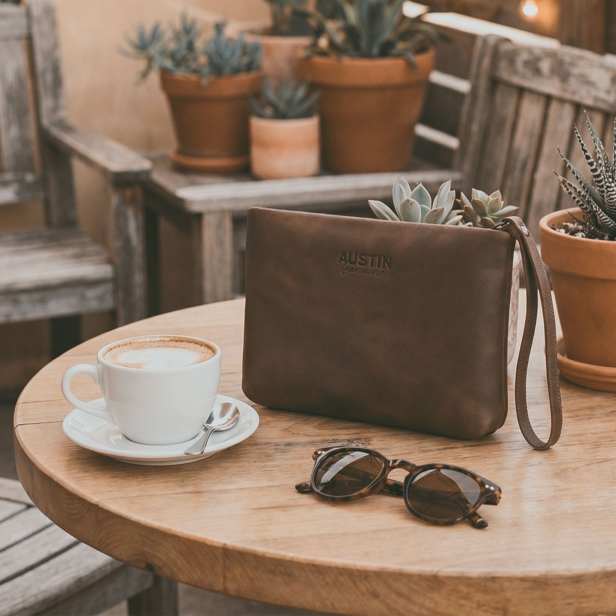 Austin Genuine The Seaholm Makeup Bag styled on a café table beside coffee and sunglasses, highlighting its brown Full Grain Leather design; StockyardX Small Batch Production, Hand Cut, Hand Sewn, Fire Branded, Artisan, Handmade in La Antigua Guatemala & Oaxaca Mexico.