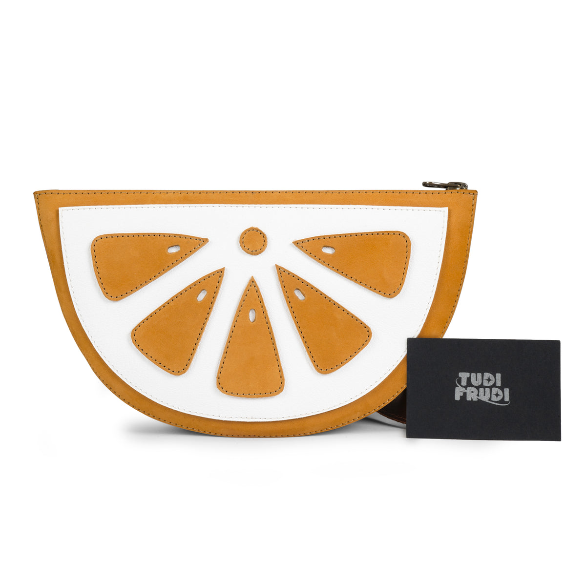 Tudi Frudi Lemon Crossbody displayed with branded packaging, a Lemon Crossbody Bag and Shoulder Bag made from Full Grain Leather for StockyardX with Small Batch Production, Hand Cut, Hand Sewn, Fire Branded, Artisan craftsmanship, Handmade in La Antigua Guatemala & Oaxaca Mexico.