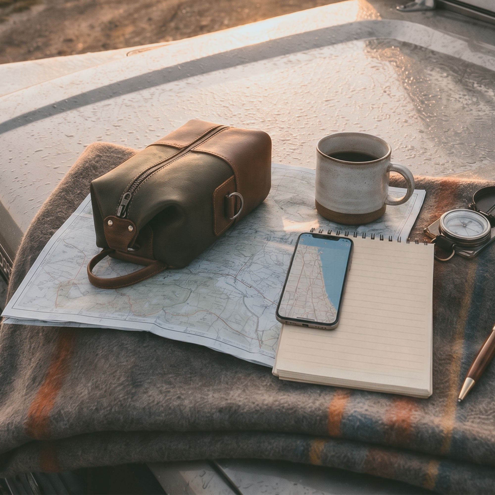 Front view of the Vintage Adventure Dopp Kit from Littlefield Chicago, showcasing its premium full grain leather design and included branding, perfect for a shaving kit case and bathroom carrier for traveling.