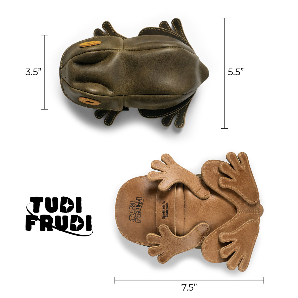Dimensions of Tudi Frudi's Frog Pouch displayed with measurement details. This artisan-made leather frog pouch is perfect for organizing small items, acting as a cable organizer or a change purse, crafted in La Antigua Guatemala & Oaxaca Mexico.