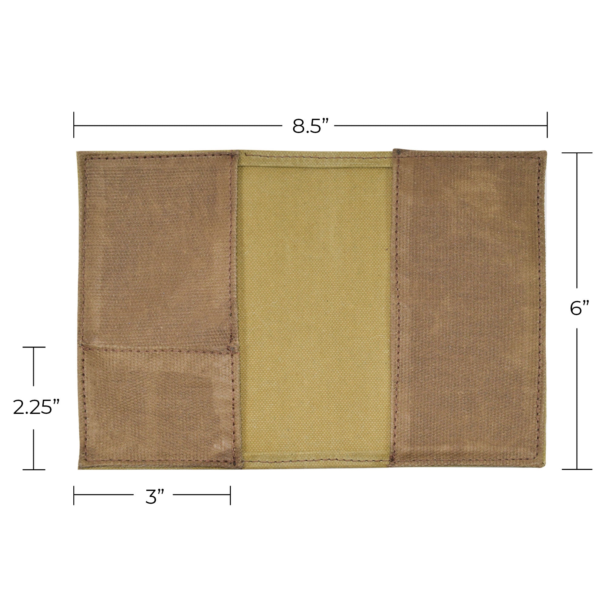 Detailed dimensions of the Hide & Drink Waxed Canvas Field Notes Cover, emphasizing its spacious yet compact design. This Waxed Canvas Field Notes Cover beautifully melds style and utility, ideal for holding your most important notes and cards with ease, reflecting artisan craftsmanship.