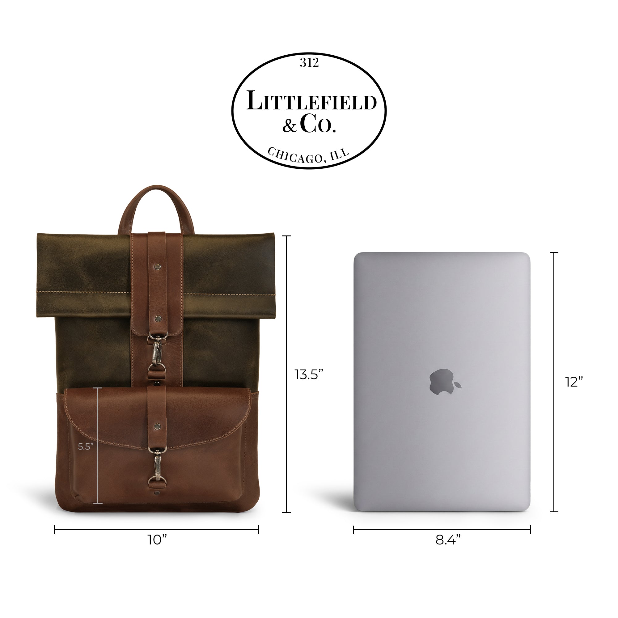 Dimensions illustration of the Adventurer Laptop Bag by Littlefield Chicago, demonstrating its fit for 13-inch laptops with spacious pockets for accessories. A great addition to anyone's travel gear. Leather Adventurer Laptop Case, Rustic Cover, Travel Accessories, Full Grain Leather, Small Batch Production, Hand Cut, Hand Sewn, Artisan, Handmade in La Antigua Guatemala & Oaxaca Mexico.