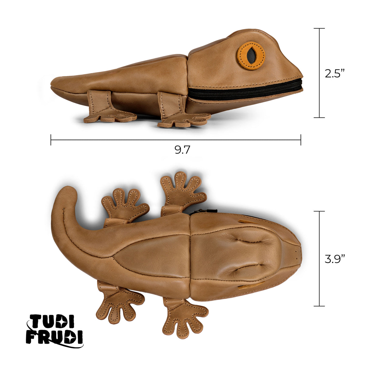 Tudi Frudi Gecko Pouch measurement diagram showing the leather gecko organizer dimensions, ideal as a Gecko Pencil Pouch, Small Pen Organizer, Zippered Holder Wallet for Coins, Change Purse, and Money Pouches for Men and Women; the Full Grain Leather Cable Holder features StockyardX Small Batch Production, Hand Cut, Hand Sewn, Fire Branded Artisan workmanship, Handmade in La Antigua Guatemala & Oaxaca Mexico.