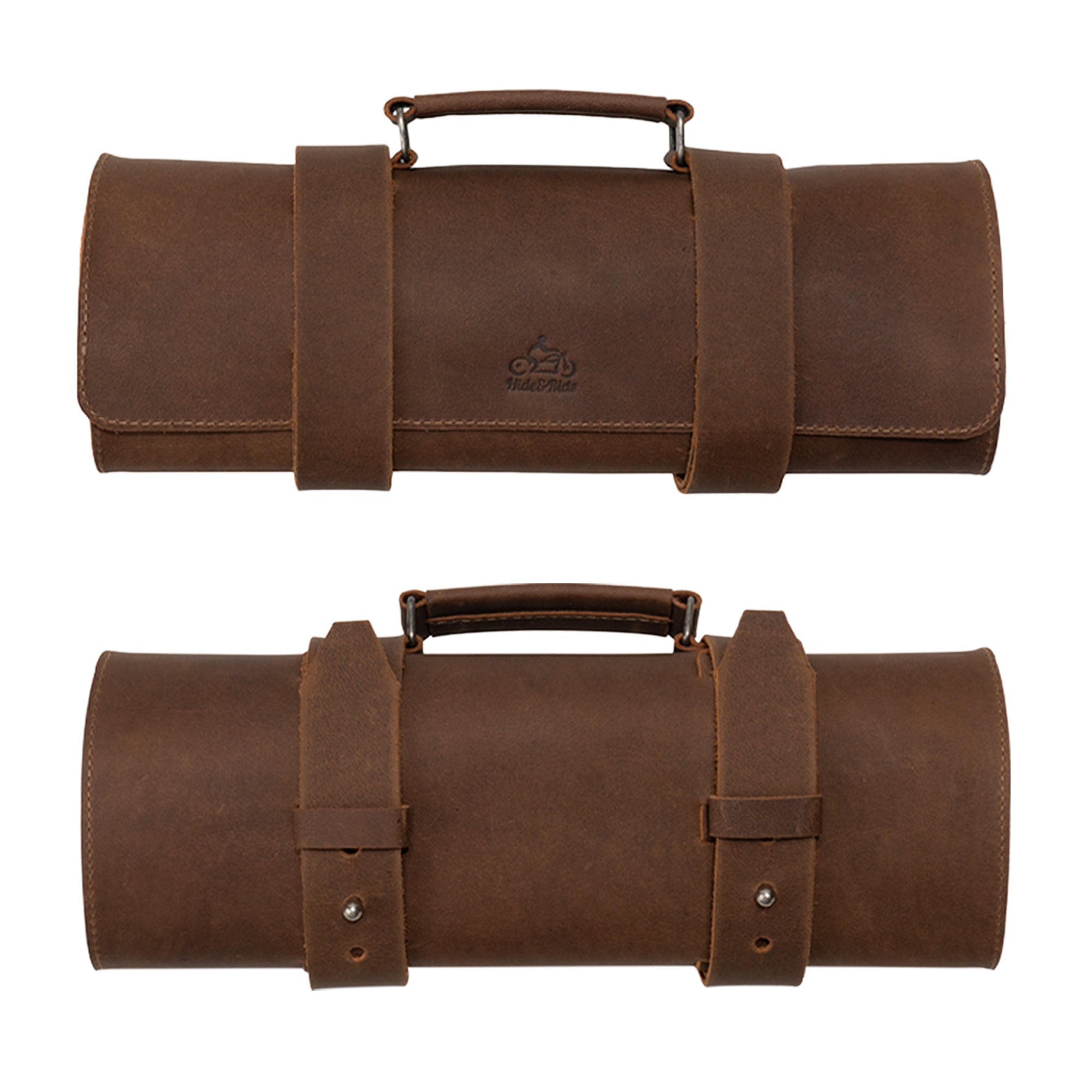 Closed Tool Roll for Bikers in rich brown leather by Hide & Ride, designed for easy transport and storage. This isn’t just a Motorcycle Tool Bag; it’s a Universal Saddlebag for Motorcycle and Fork Bag for Bikers. Experience the durability of Full Grain Leather in this Small Batch Production item, characterized by Hand Cut and Hand Sewn embellishments with a Fire Branded logo, all crafted by artisans in La Antigua Guatemala & Oaxaca Mexico.