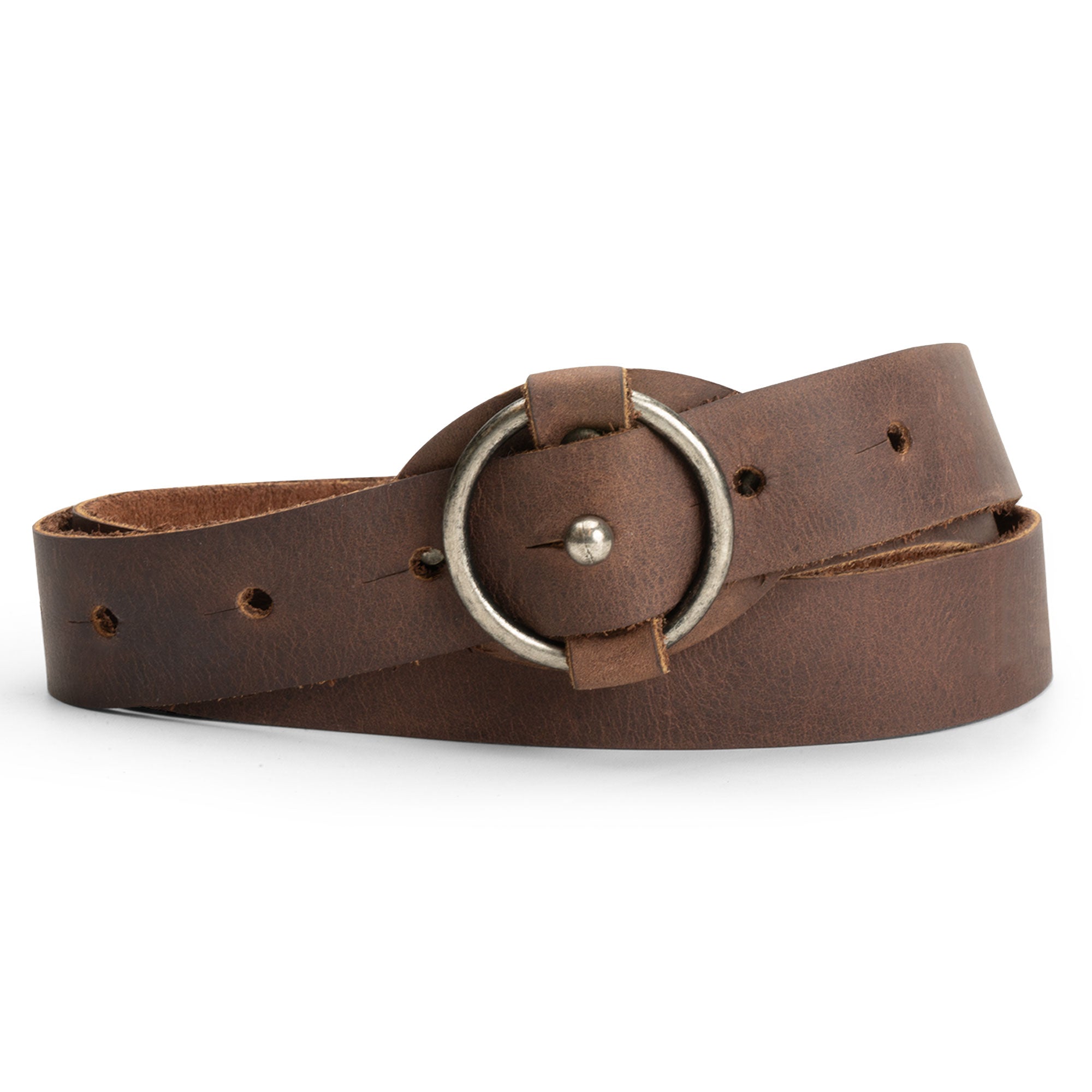 Heather's Belt for Women with Ring Closure made from Full Grain Leather. This stylish no-buckle belt serves as a versatile waist strap, perfect as a fashionable belly accessory. Hand cut and hand sewn with artisan craftsmanship, it's a great addition for any wardrobe.