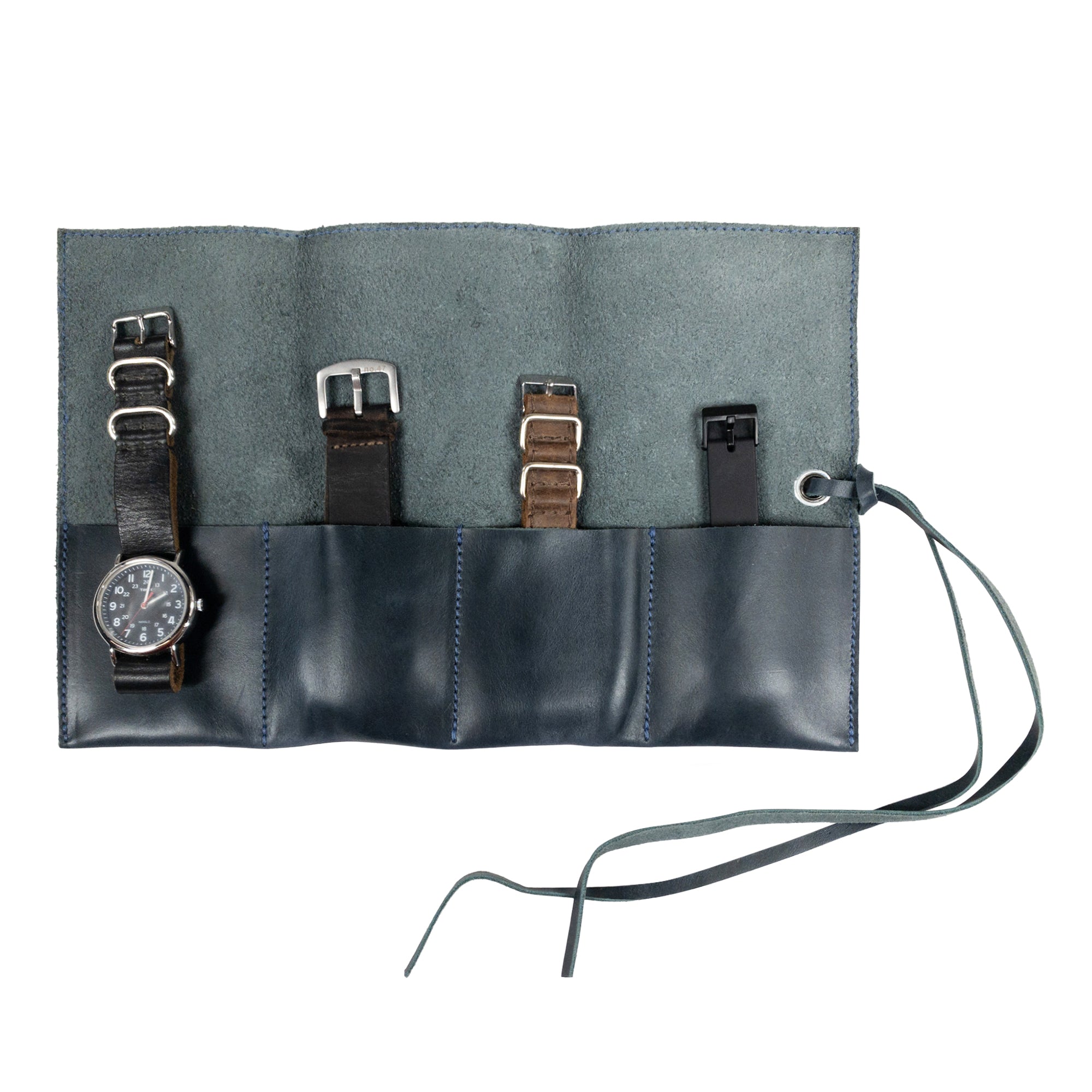 Stylish Watch Roll by Hide & Drink, designed to hold up to 4 watches. This easy carry Watch Roll Organizer showcases full grain leather craftsmanship, promoting artisan quality and small batch production, hand cut, hand sewn, fire branded made in La Antigua Guatemala & Oaxaca Mexico.