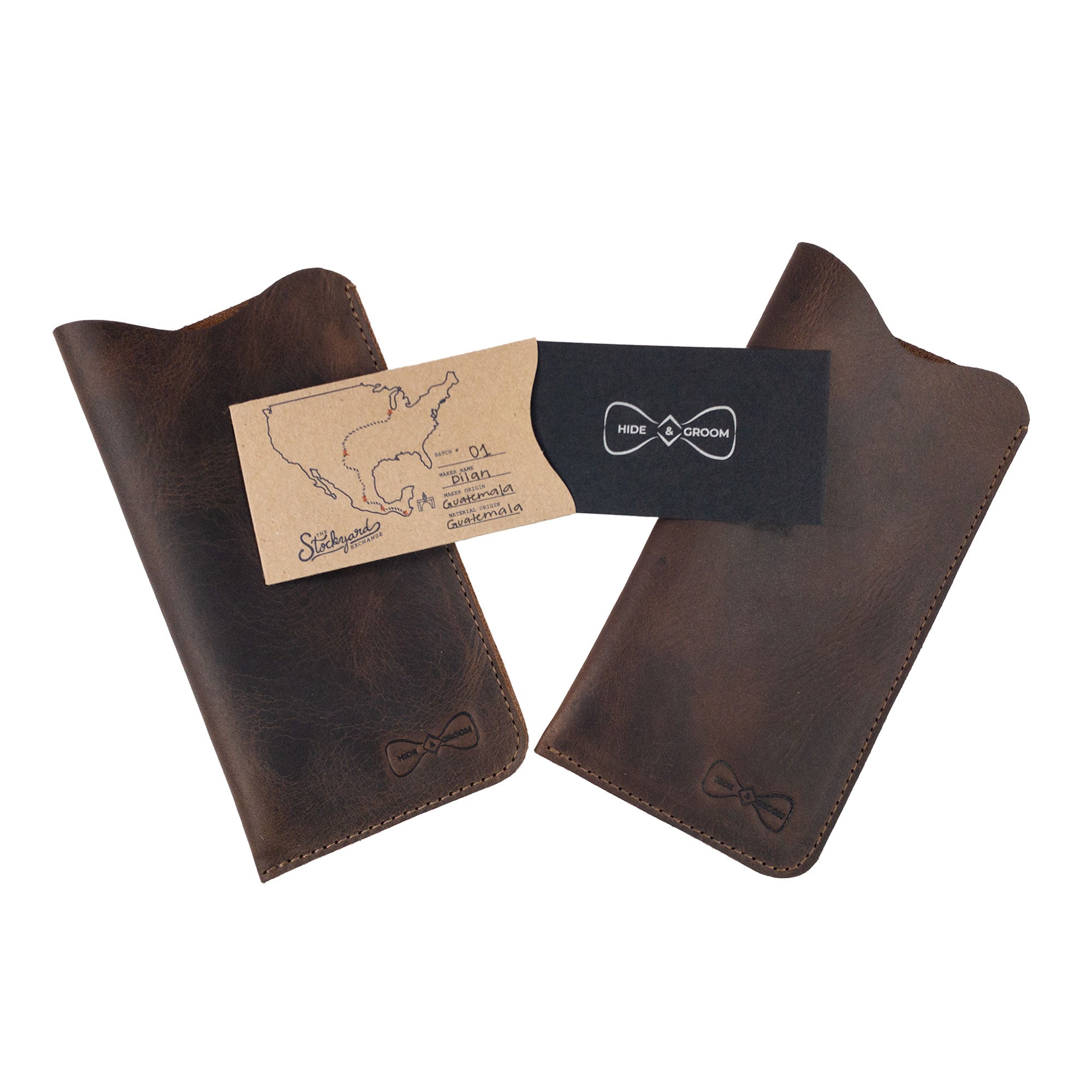 Hide & Groom Set of 2 Sunglasses Case with packaging display, including artisan branding and local map. Perfect wedding accessories for men and women, offering safe storage for eyeglasses in handcrafted full grain leather, produced in La Antigua Guatemala & Oaxaca Mexico.