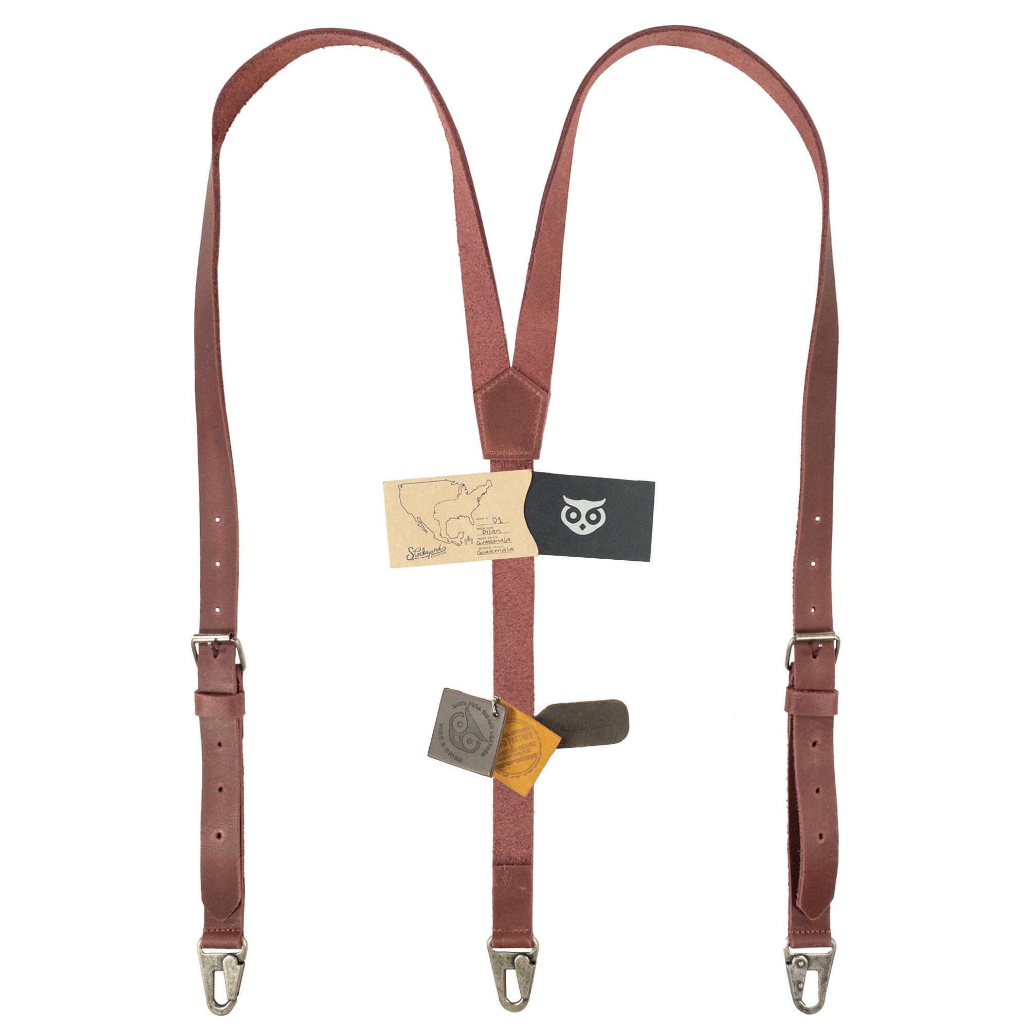 Showcase of Hide & Drink Rustic Slim Suspenders in rust with high-quality leather finish, great for formal occasions like weddings. Attention to detail demonstrates artisan quality.