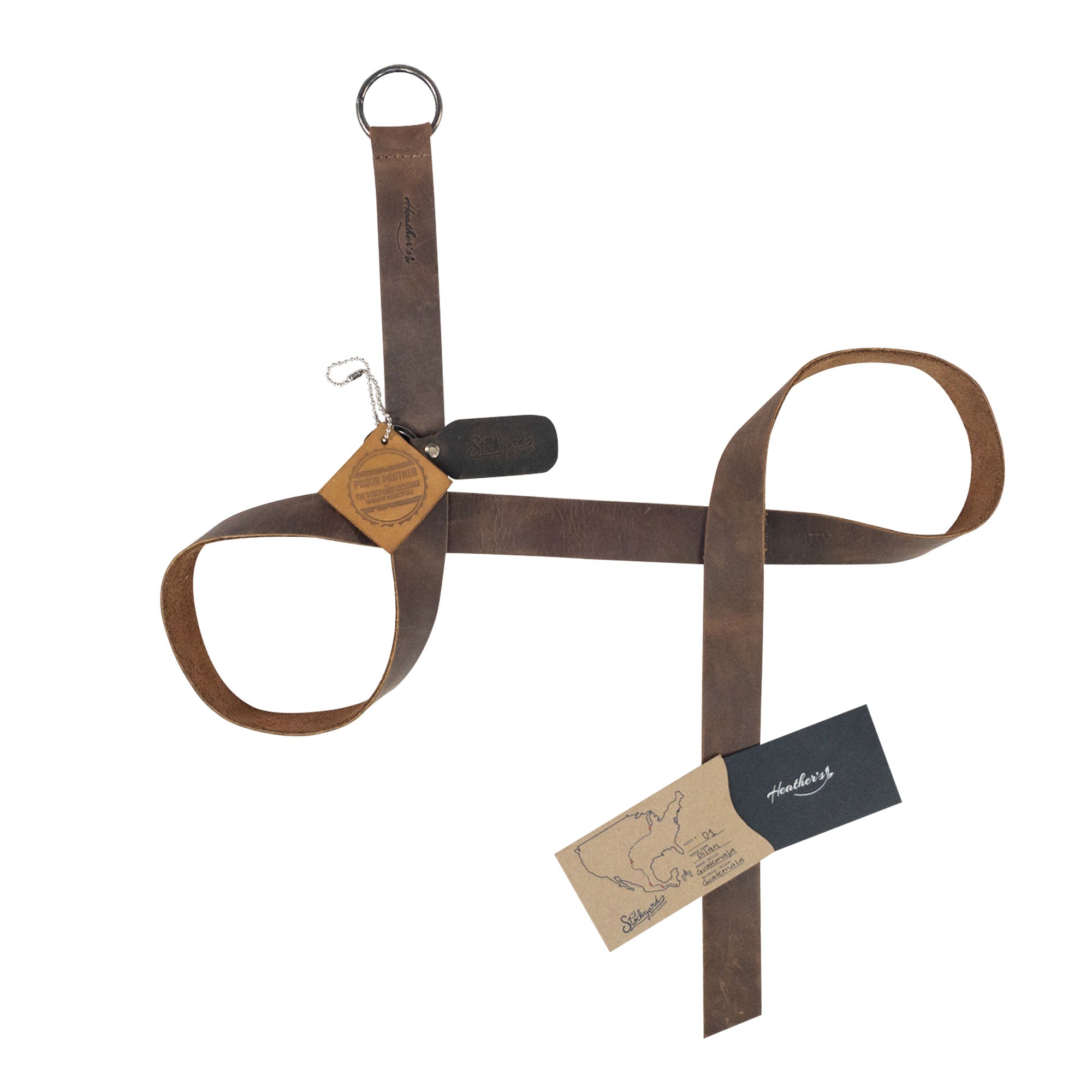 Packaging of Heather's Ring Belt for Women, highlighting the handmade craftsmanship and sustainable practices. This stylish no buckle waist belt made of full grain leather is a great gift option. Ring Belt for Women, No Buckle Waist Belt, Fashion, Adjustable, Full Grain Leather, Handmade Waist Accessory, Small Batch Production, Hand Cut, Hand Sewn, Fire Branded, Artisan, Handmade in La Antigua Guatemala & Oaxaca Mexico.