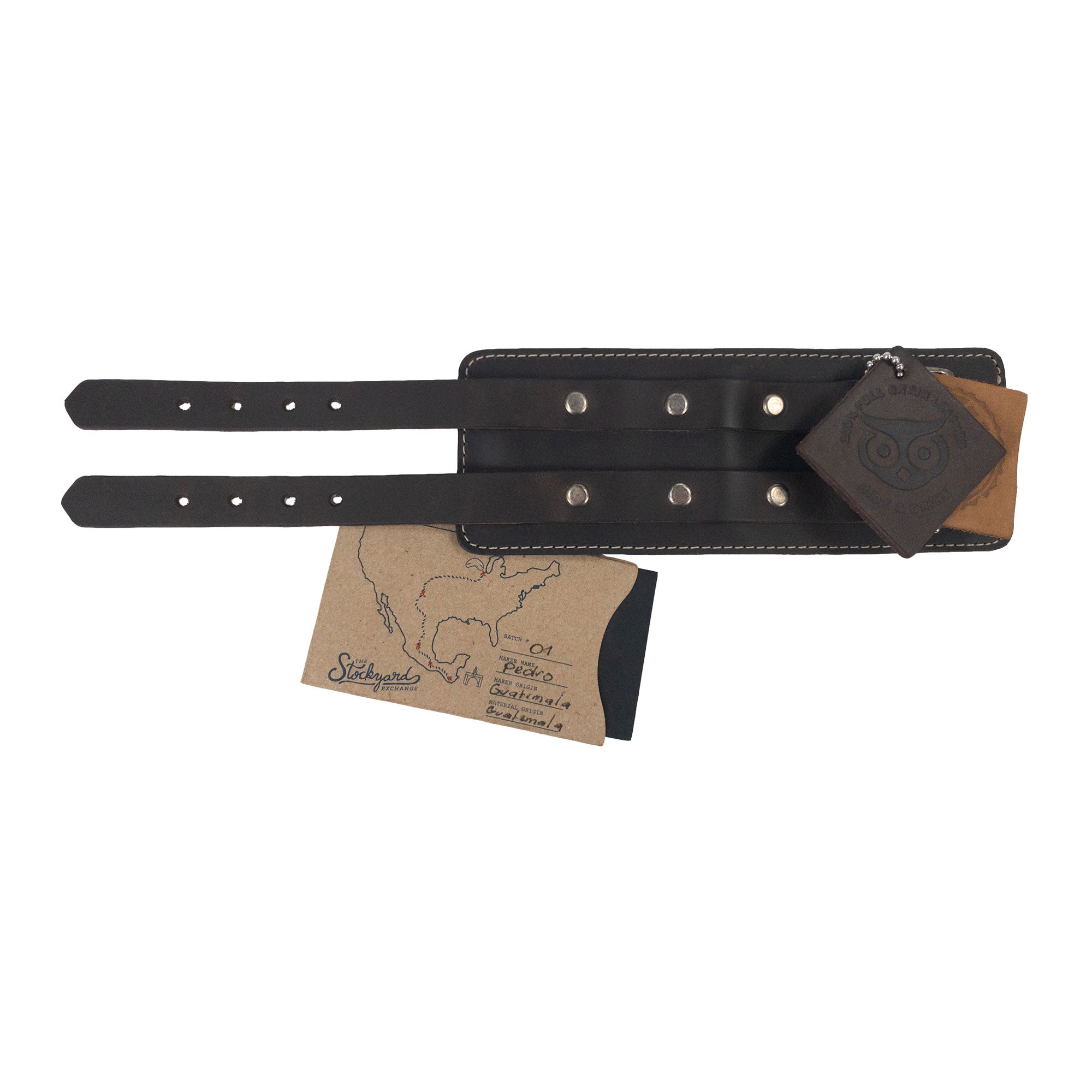 An attractive angle captures Hide & Drink's Wrist-Wallet-Cuff made from Full Grain Leather. This rustic leather bracelet includes a hidden pouch for bills and an inner zippered pouch, merging practicality with style. Handcrafted in La Antigua Guatemala & Oaxaca Mexico, demonstrating artisan quality.