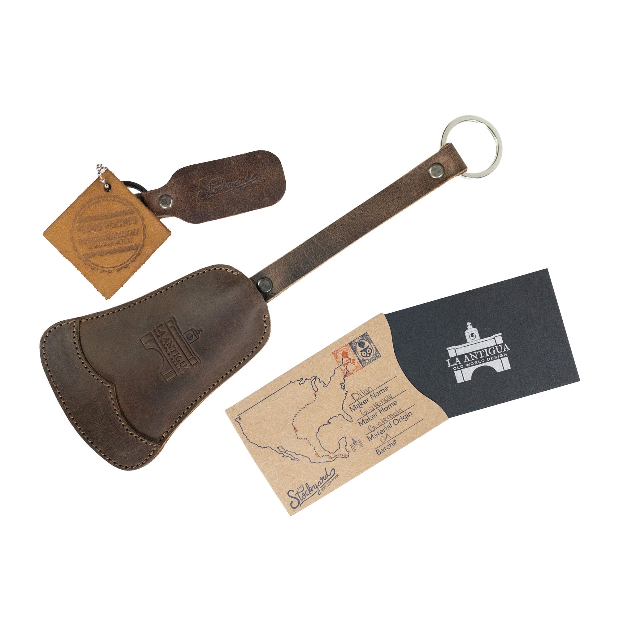 A detailed image showing the dimensions of the Bell Shape Keychain from La Antigua, demonstrating its practicality as a keyring with strap. The ideal key organizer allows for easy attachment to keys. Crafted from durable full grain leather, this handmade product is a result of small batch production, featuring hand cut, hand sewn, and fire branded characteristics, made in La Antigua, Guatemala & Oaxaca, Mexico.